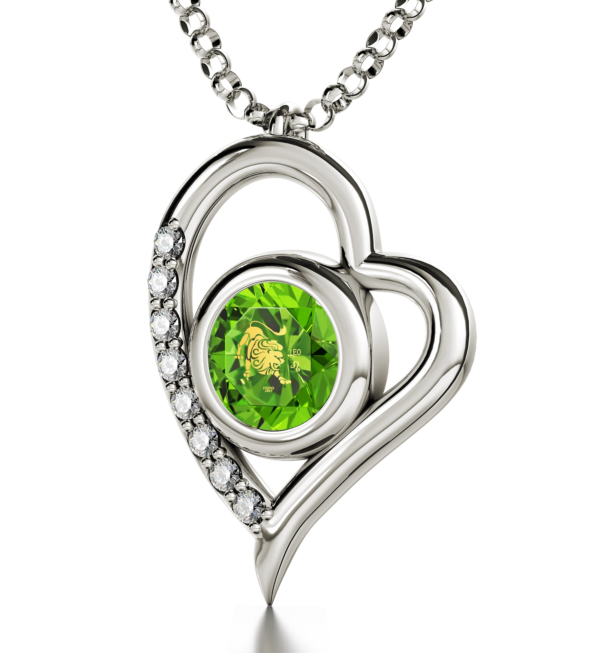 925 Sterling Silver Leo Necklace Zodiac Heart Pendant 24k Gold Inscribed on Crystal - NanoStyle Jewelry