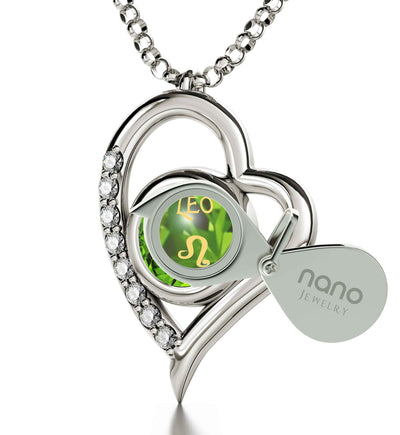 925 Sterling Silver Leo Necklace Zodiac Heart Pendant 24k Gold Inscribed on Crystal - NanoStyle Jewelry