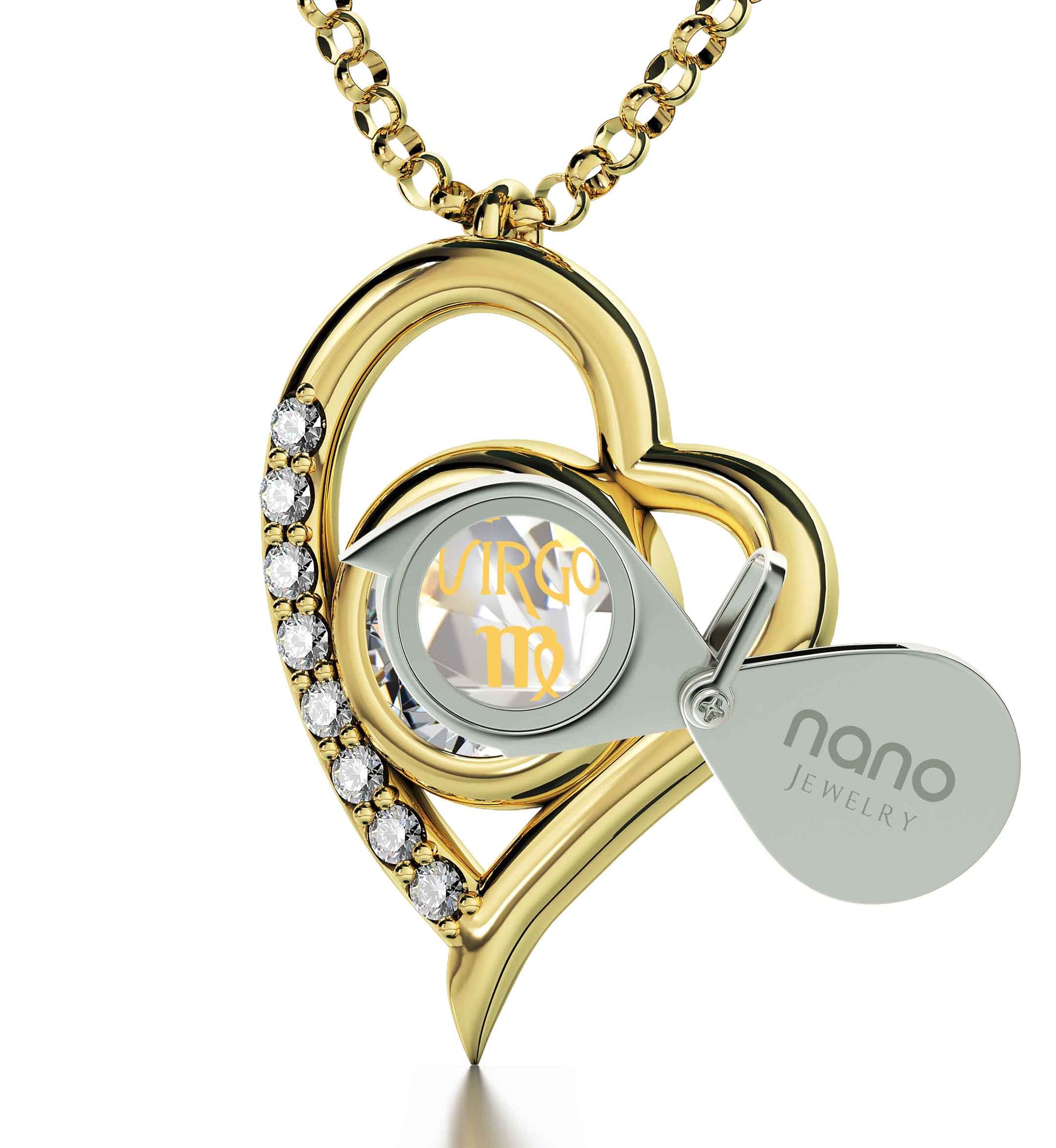 Gold Plated Virgo Necklace Zodiac Heart Pendant 24k Gold inscribed on Crystal - NanoStyle Jewelry