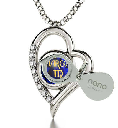 925 Sterling Silver Virgo Necklace Zodiac Heart Pendant 24k Gold inscribed on Crystal - NanoStyle Jewelry