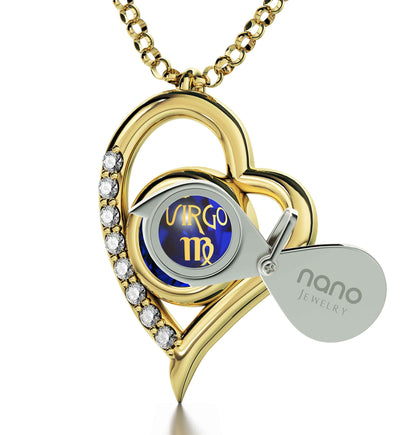 Gold Plated Virgo Necklace Zodiac Heart Pendant 24k Gold inscribed on Crystal - NanoStyle Jewelry