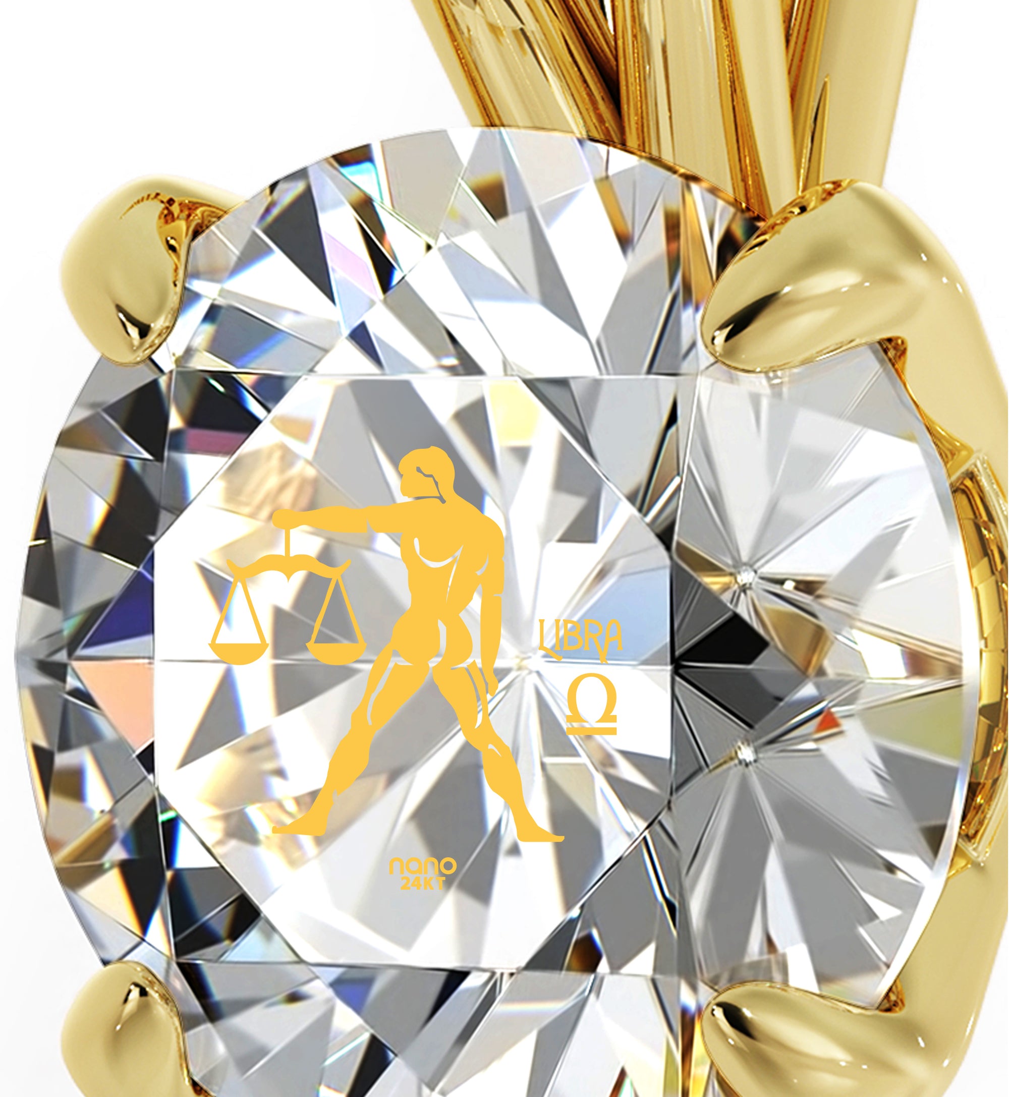 Gold Plated Libra Necklace Zodiac Pendant 24k Gold Inscribed on Crystal - NanoStyle Jewelry