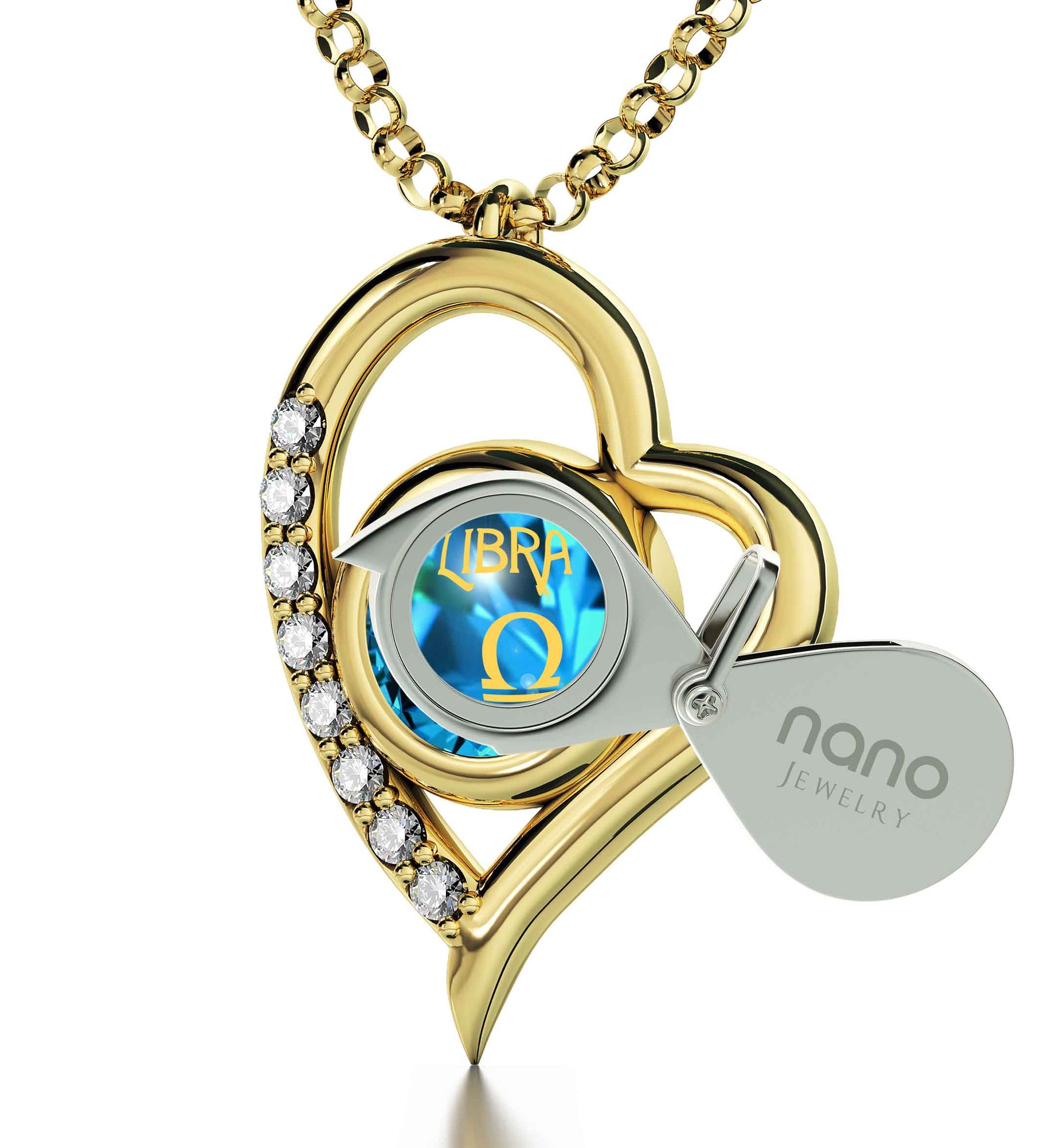 Gold Plated Libra Necklace Zodiac Heart Pendant 24k Gold Inscribed on Crystal - NanoStyle Jewelry