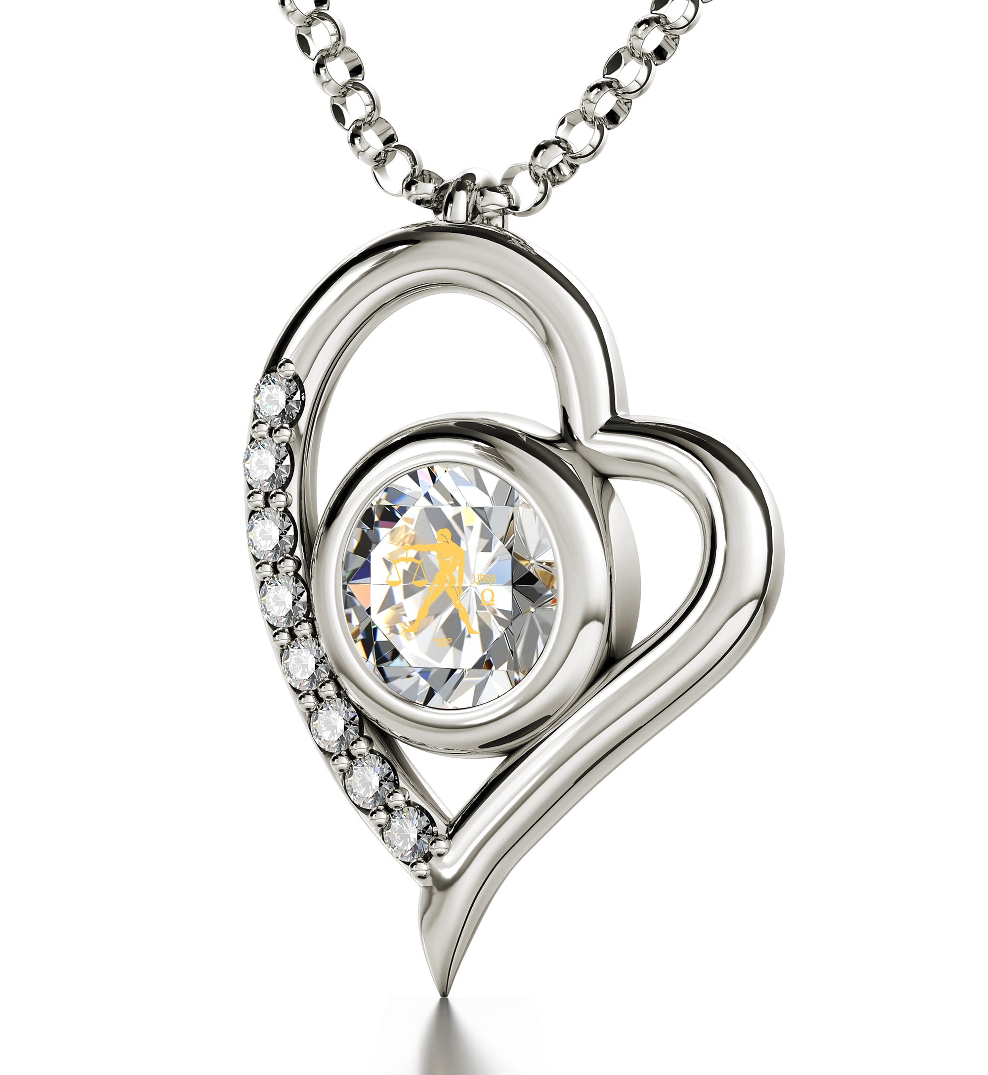 925 Sterling Silver Libra Necklace Zodiac Heart Pendant 24k Gold inscribed on Crystal - NanoStyle Jewelry