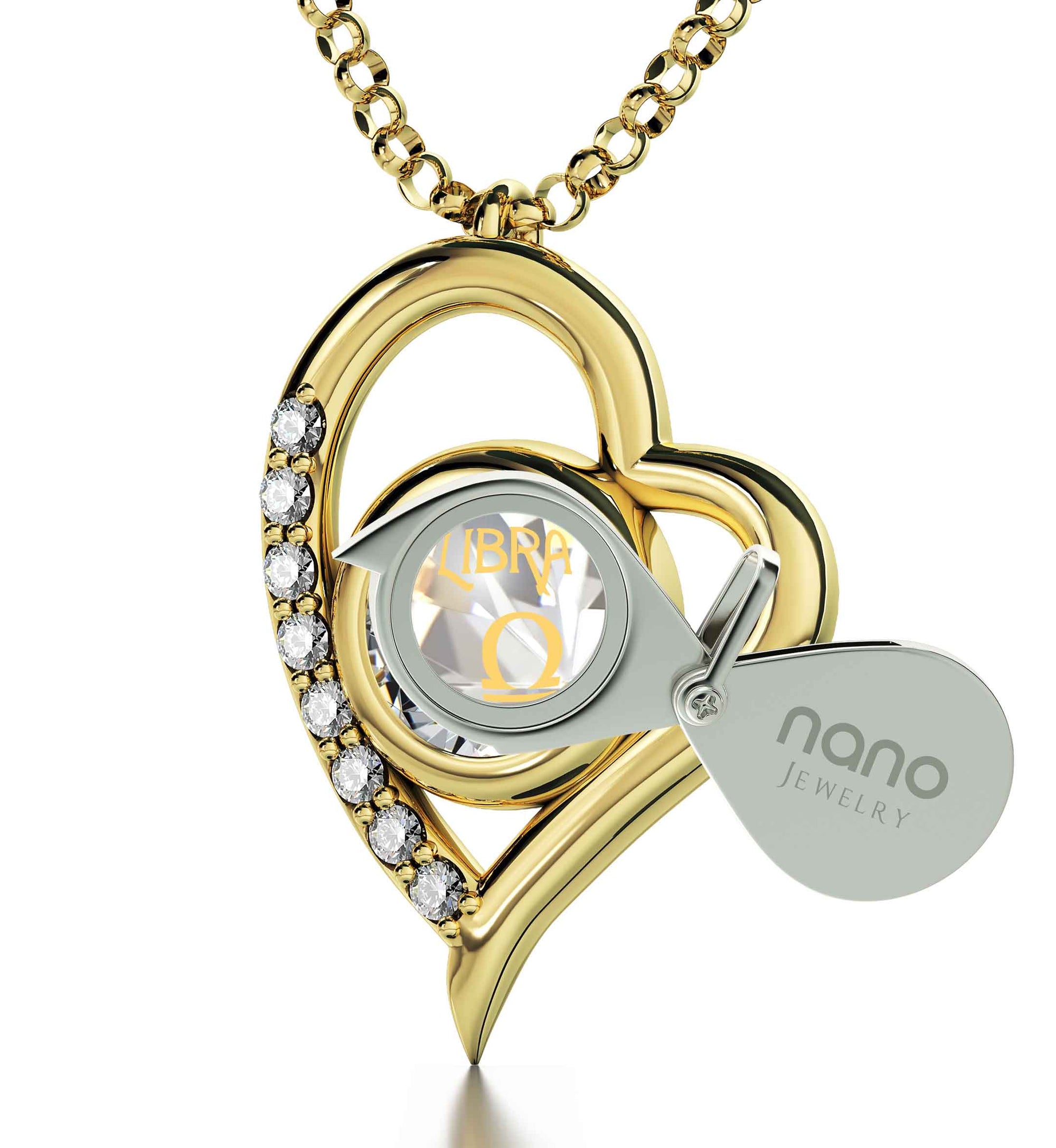 Gold Plated Libra Necklace Zodiac Heart Pendant 24k Gold Inscribed on Crystal - NanoStyle Jewelry