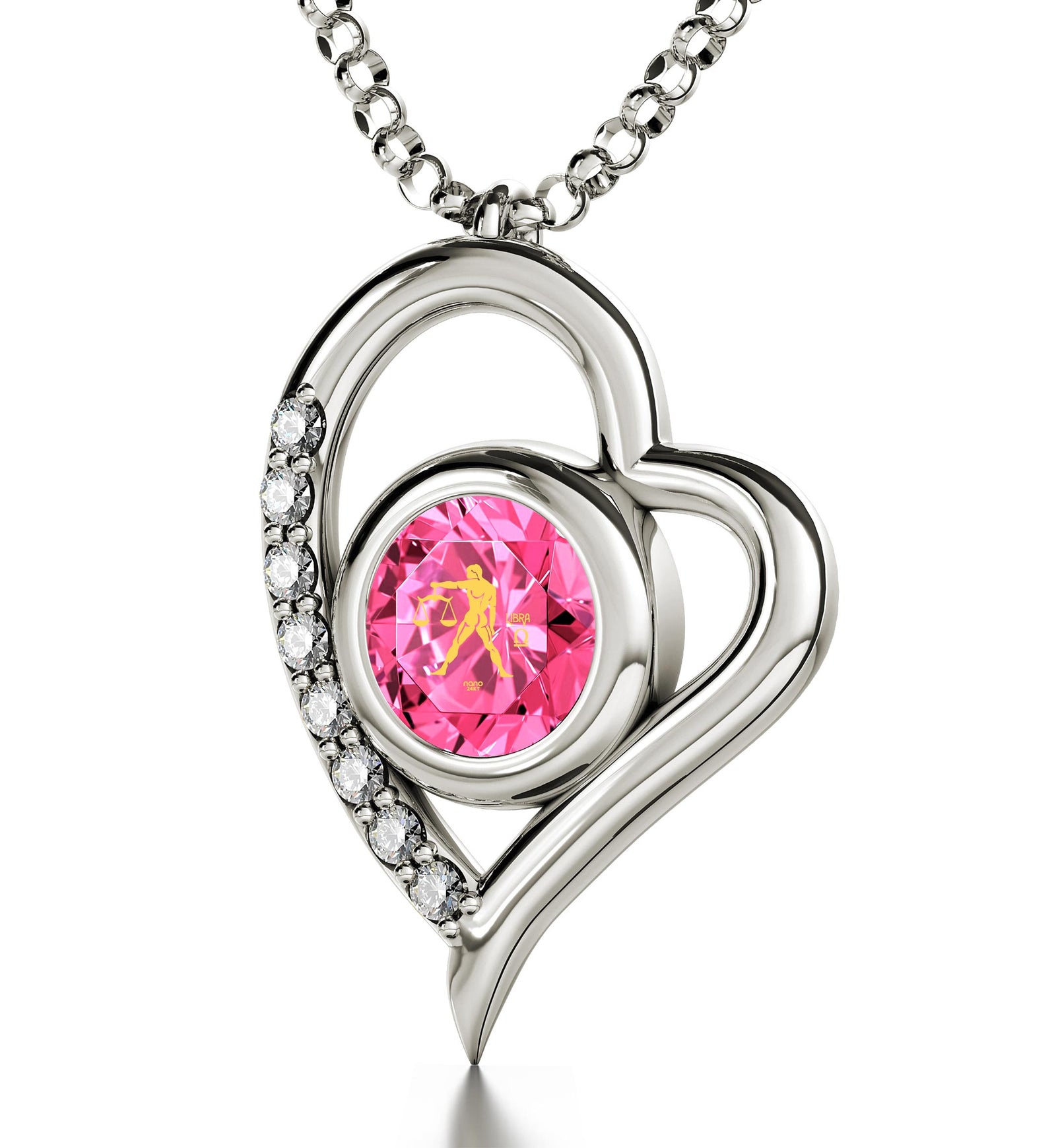 925 Sterling Silver Libra Necklace Zodiac Heart Pendant 24k Gold inscribed on Crystal - NanoStyle Jewelry