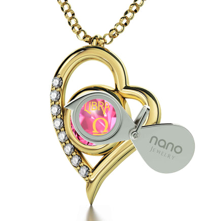 Gold Plated Libra Necklace Zodiac Heart Pendant 24k Gold Inscribed on Crystal - NanoStyle Jewelry