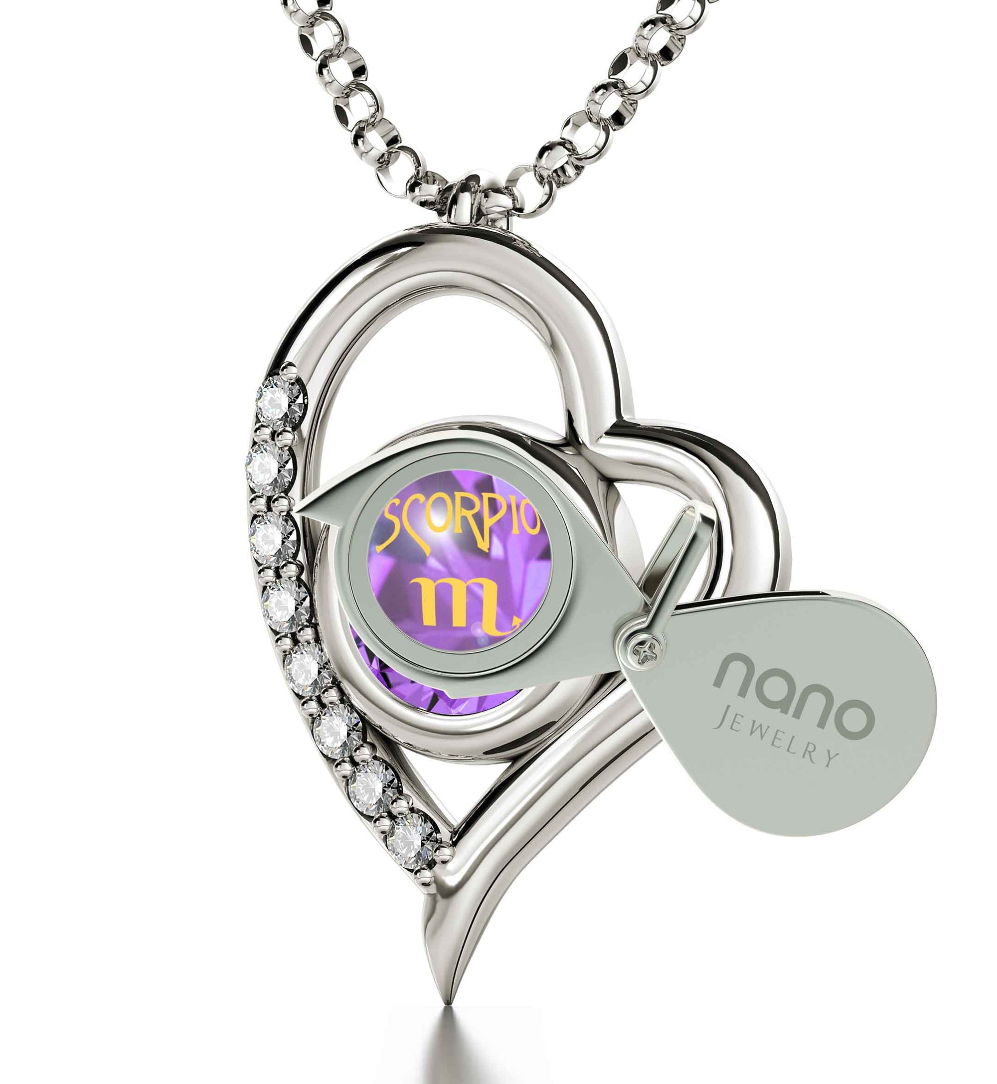 925 Sterling Silver Scorpio Necklace Zodiac Heart Pendant 24k Gold Inscribed on Crystal - NanoStyle Jewelry