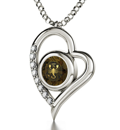 925 Sterling Silver Scorpio Necklace Zodiac Heart Pendant 24k Gold Inscribed on Crystal - NanoStyle Jewelry
