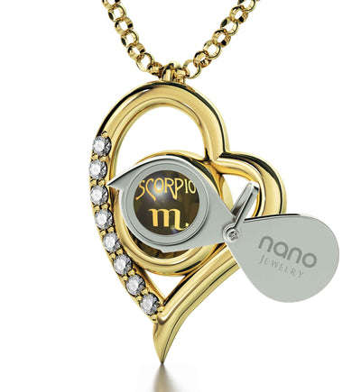 Gold Plated Scorpio Necklace Zodiac Heart Pendant 24k Gold Inscribed on Crystal - NanoStyle Jewelry
