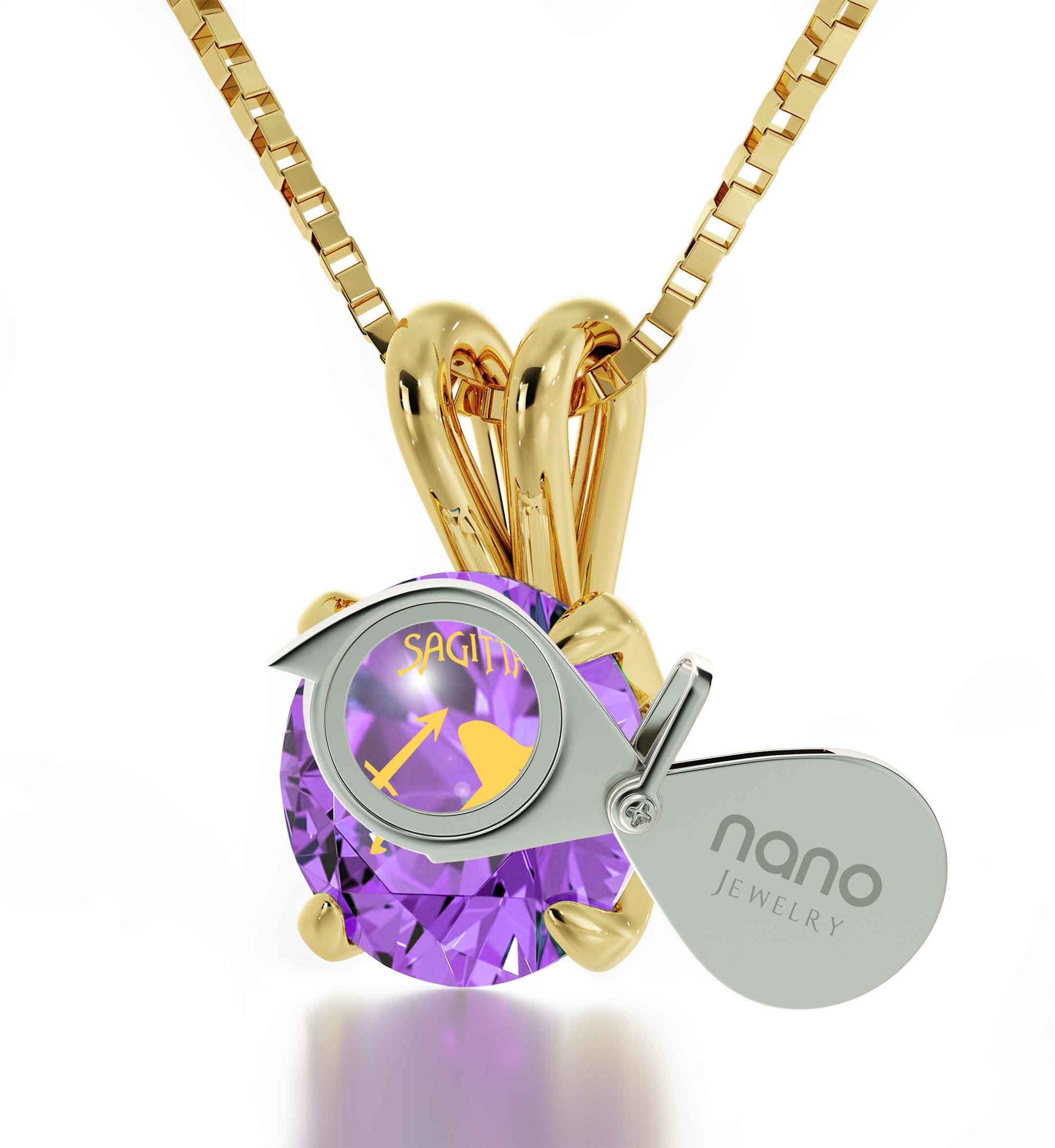 Gold Plated Sagittarius Necklace Zodiac Pendant 24k Gold Inscribed on Crystal - NanoStyle Jewelry
