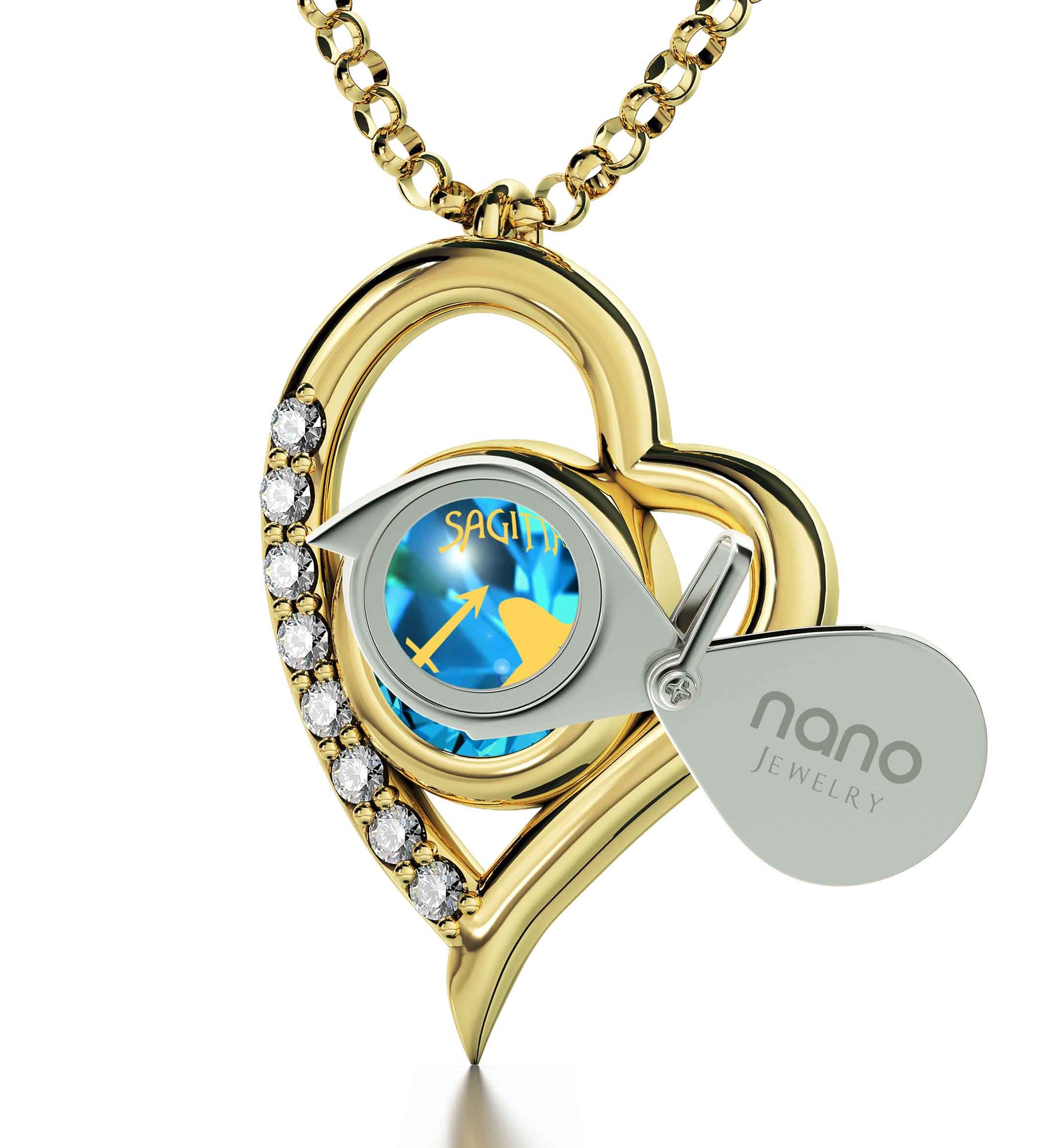 Gold Plated Sagittarius Necklace Zodiac Heart Pendant 24k Gold Inscribed on Crystal - NanoStyle Jewelry
