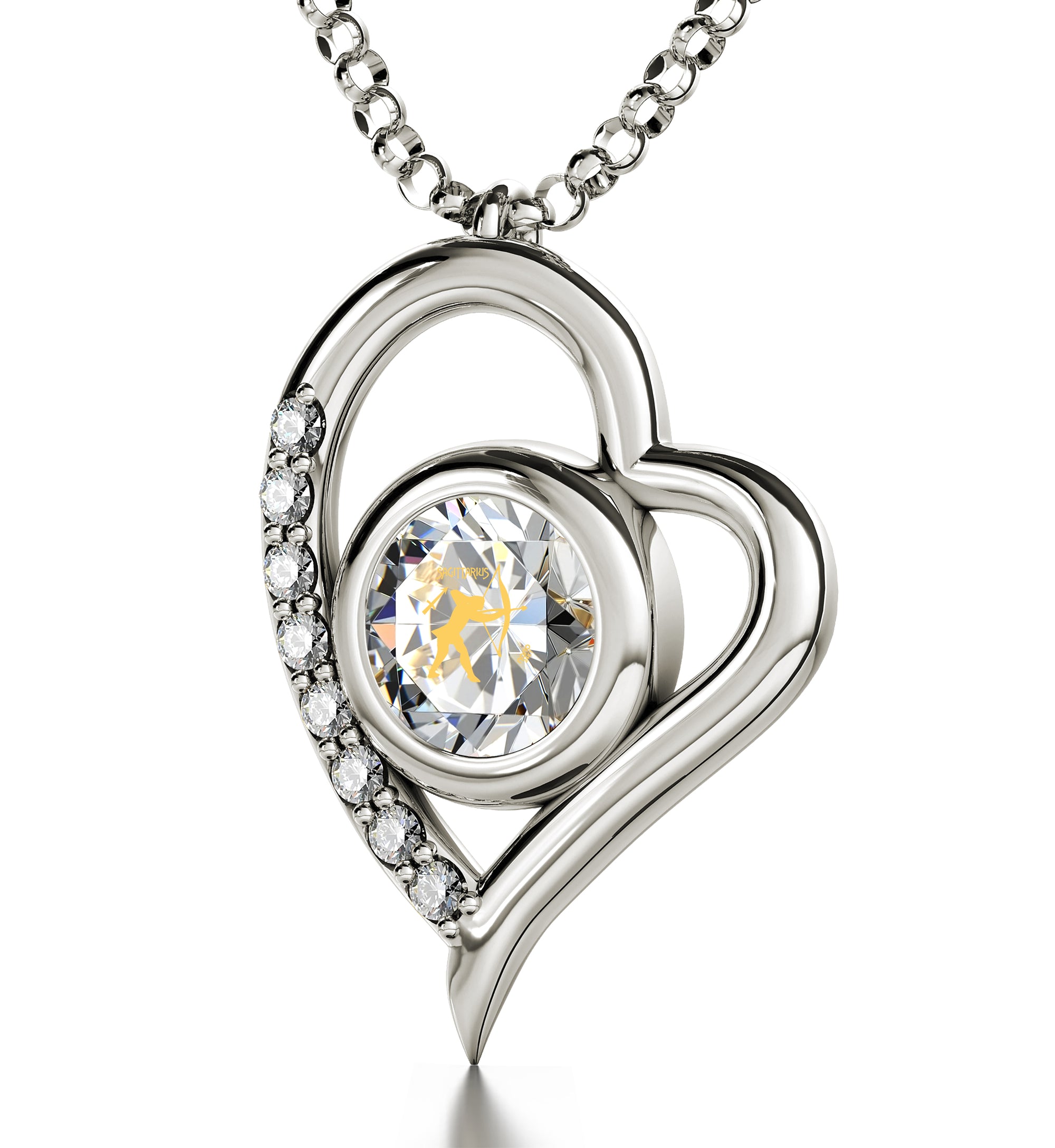 925 Sterling Silver Sagittarius Necklace Zodiac Heart Pendant 24k Gold Inscribed on Crystal - NanoStyle Jewelry
