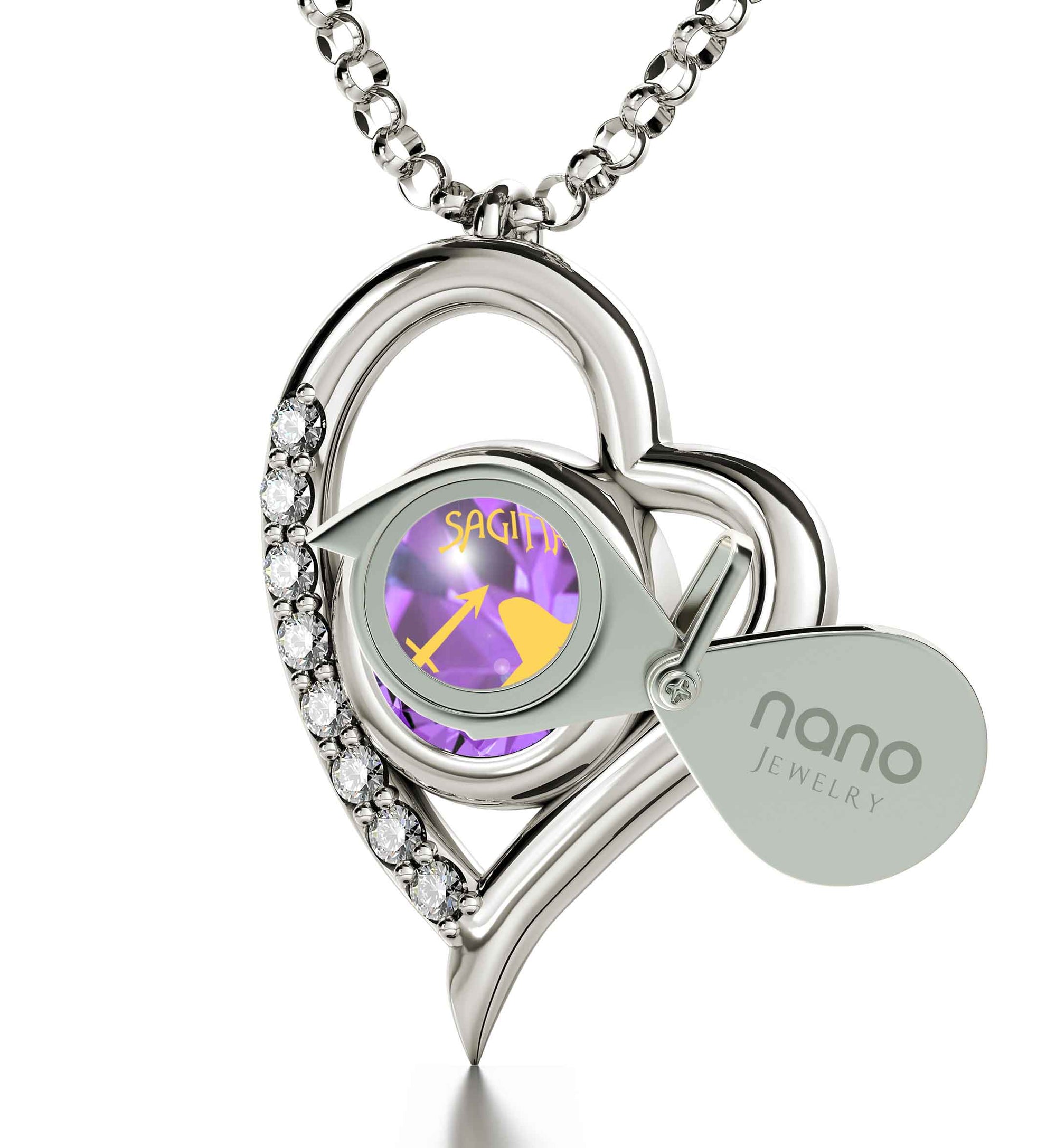 925 Sterling Silver Sagittarius Necklace Zodiac Heart Pendant 24k Gold Inscribed on Crystal - NanoStyle Jewelry