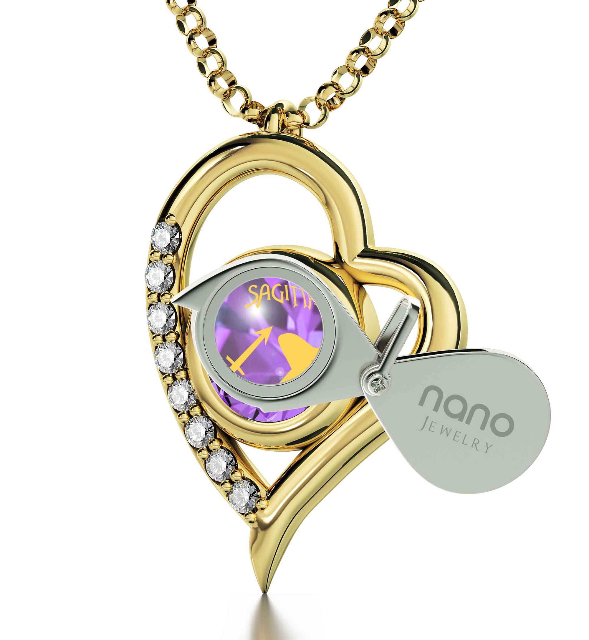 Gold Plated Sagittarius Necklace Zodiac Heart Pendant 24k Gold Inscribed on Crystal - NanoStyle Jewelry