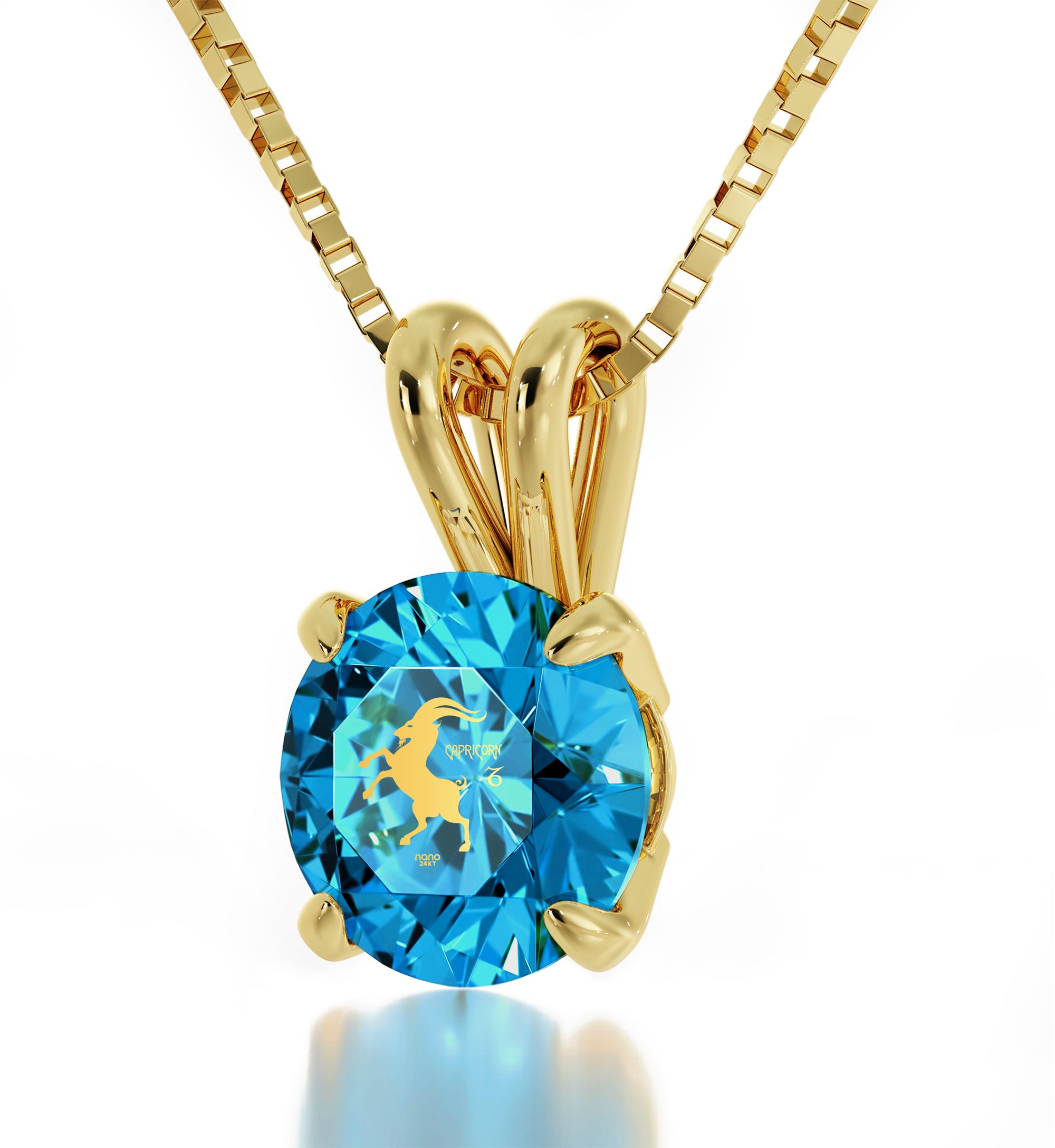 Gold Plated Capricorn Necklace Zodiac Pendant 24k Gold inscribed on Crystal - NanoStyle Jewelry
