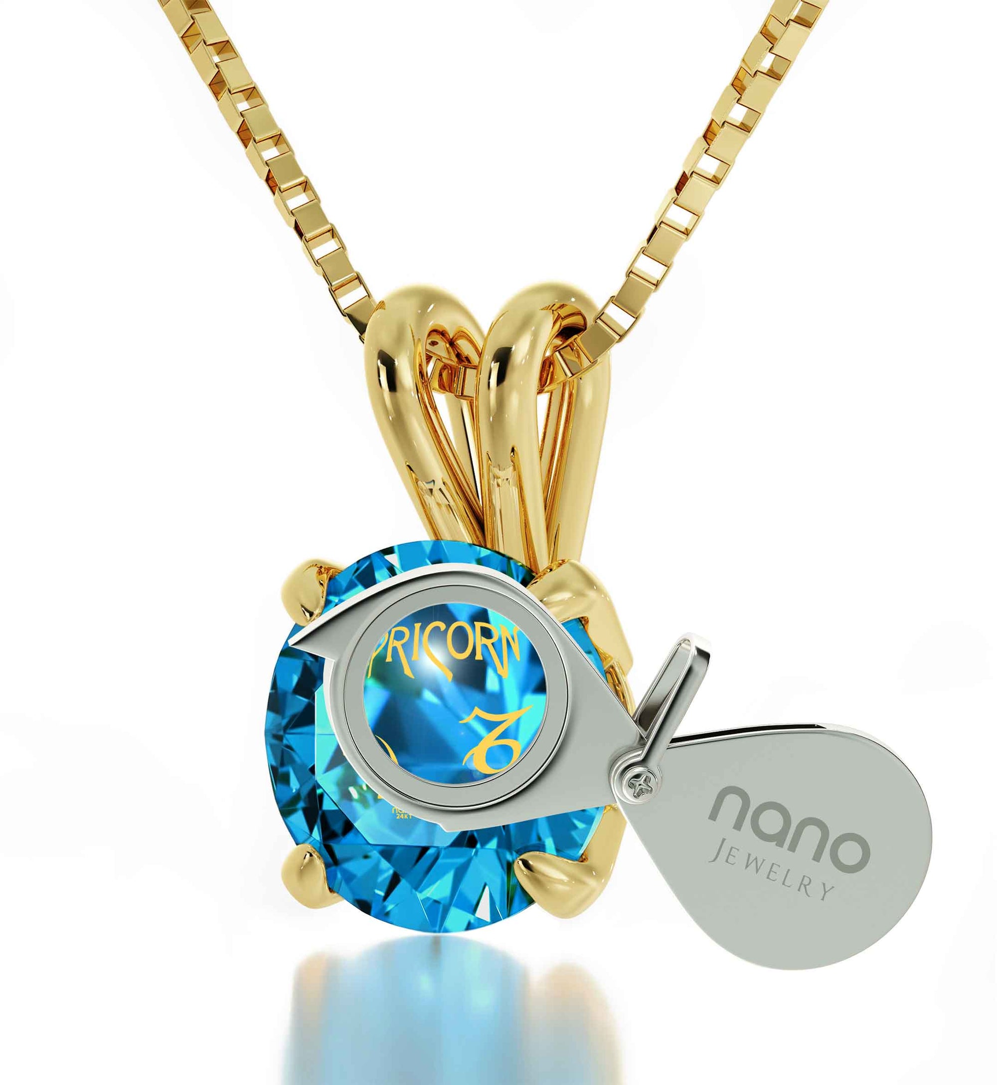 Gold Plated Capricorn Necklace Zodiac Pendant 24k Gold inscribed on Crystal - NanoStyle Jewelry