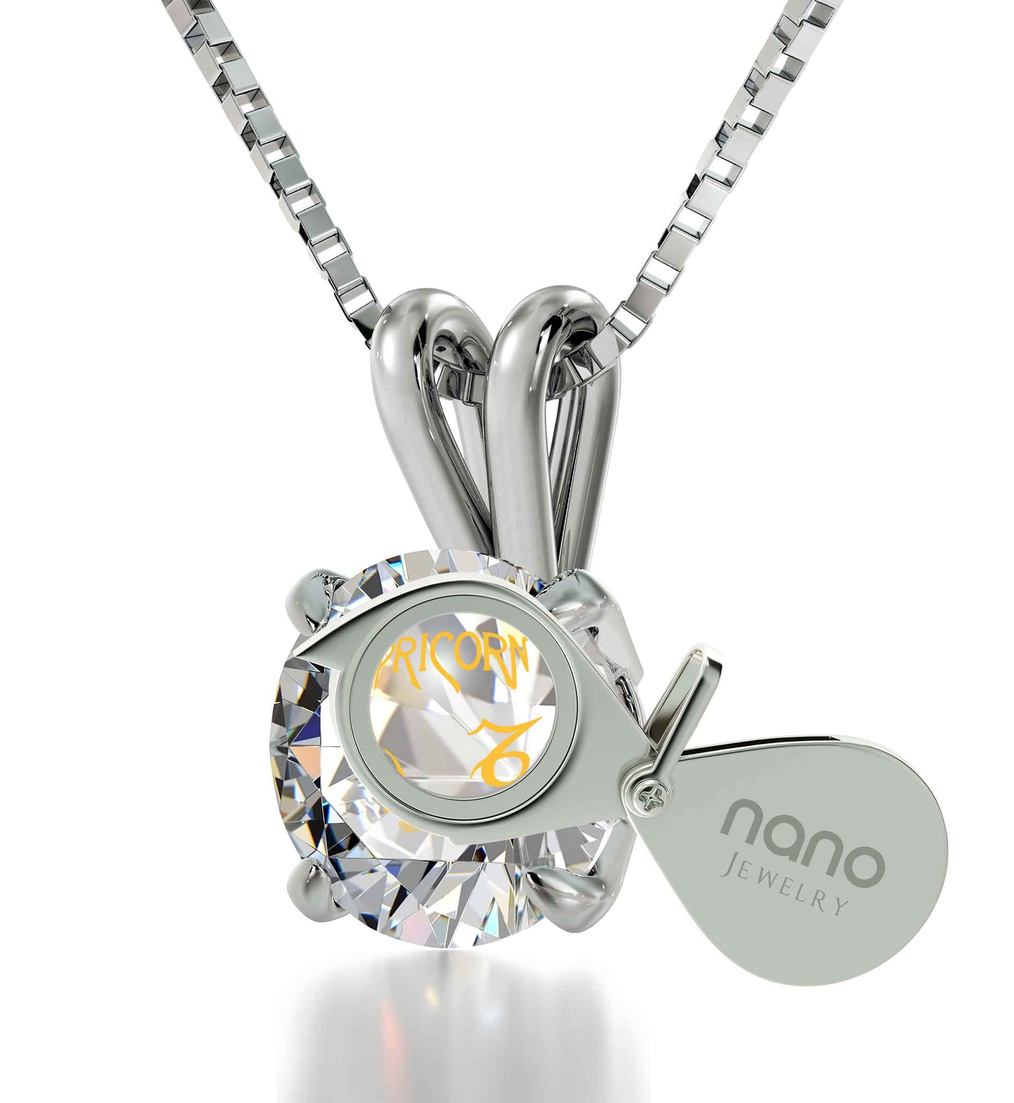 925 Sterling Silver Capricorn Necklace Zodiac Pendant 24k Gold inscribed on Crystal - NanoStyle Jewelry