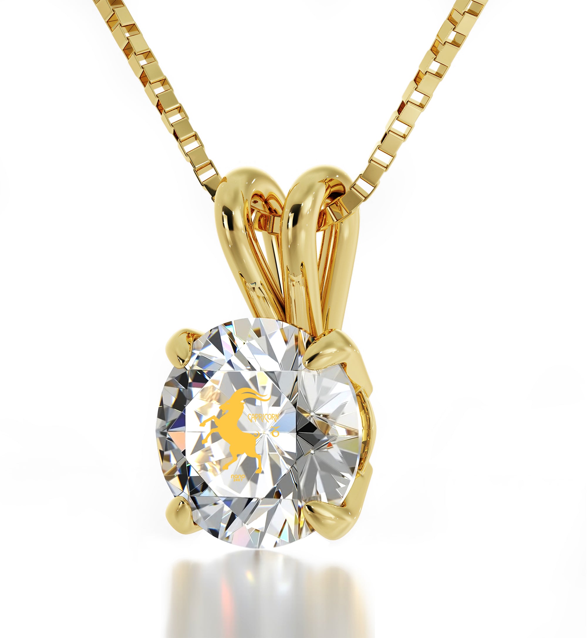 Gold Plated Capricorn Necklace Zodiac Pendant 24k Gold inscribed on Crystal - NanoStyle Jewelry