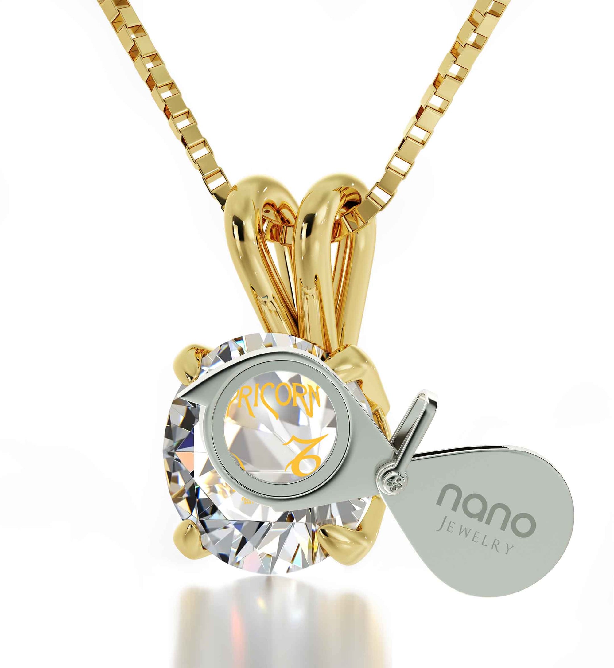 Gold Plated Capricorn Necklace Zodiac Pendant 24k Gold inscribed on Crystal - NanoStyle Jewelry