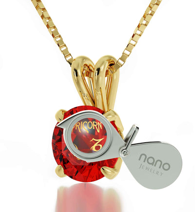 14k Yellow Gold Capricorn Necklace Zodiac Pendant 24k Gold inscribed on Crystal - NanoStyle Jewelry