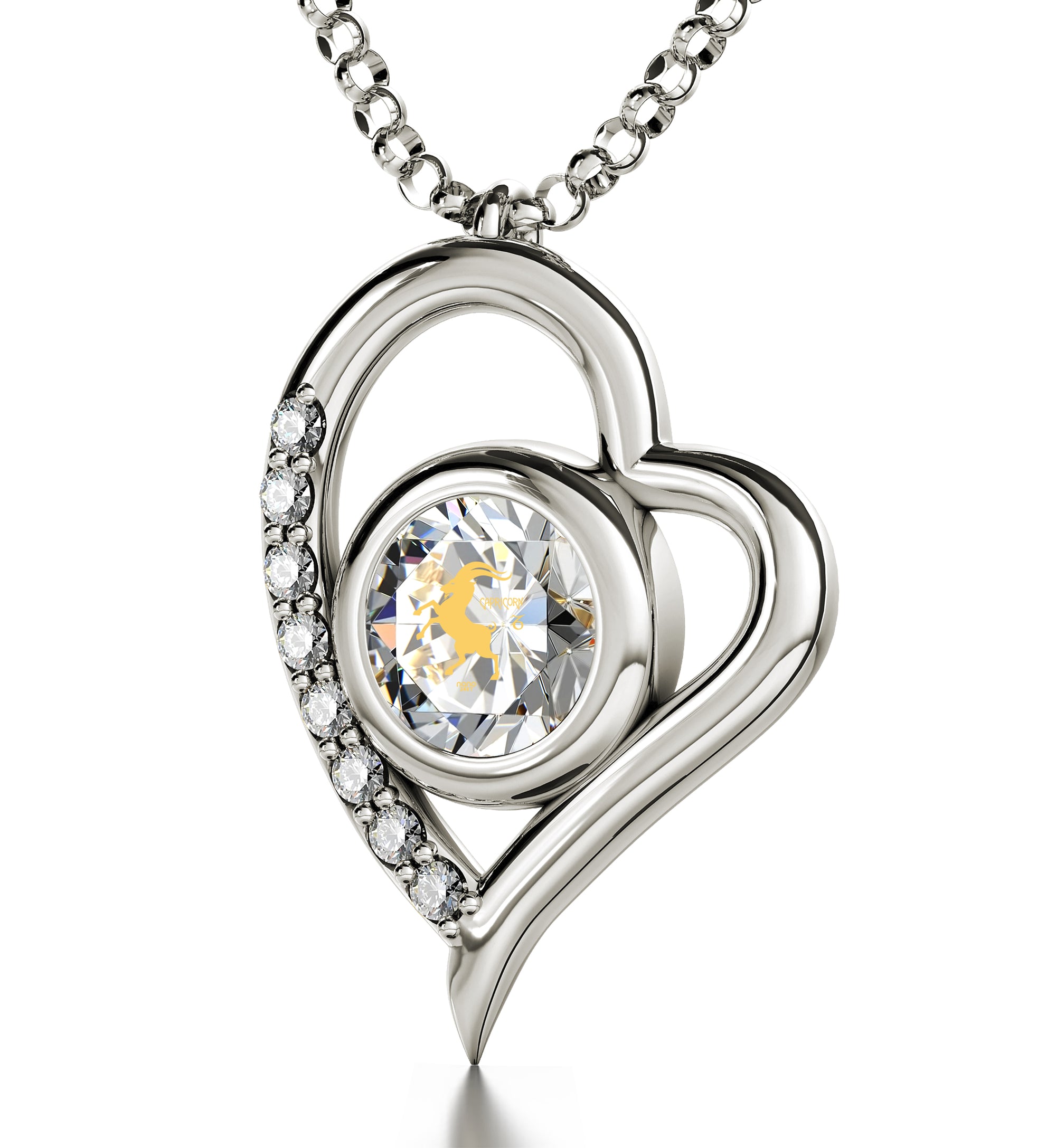 925 Sterling Silver Capricorn Necklace Zodiac Heart Pendant 24k Gold inscribed on Crystal - NanoStyle Jewelry