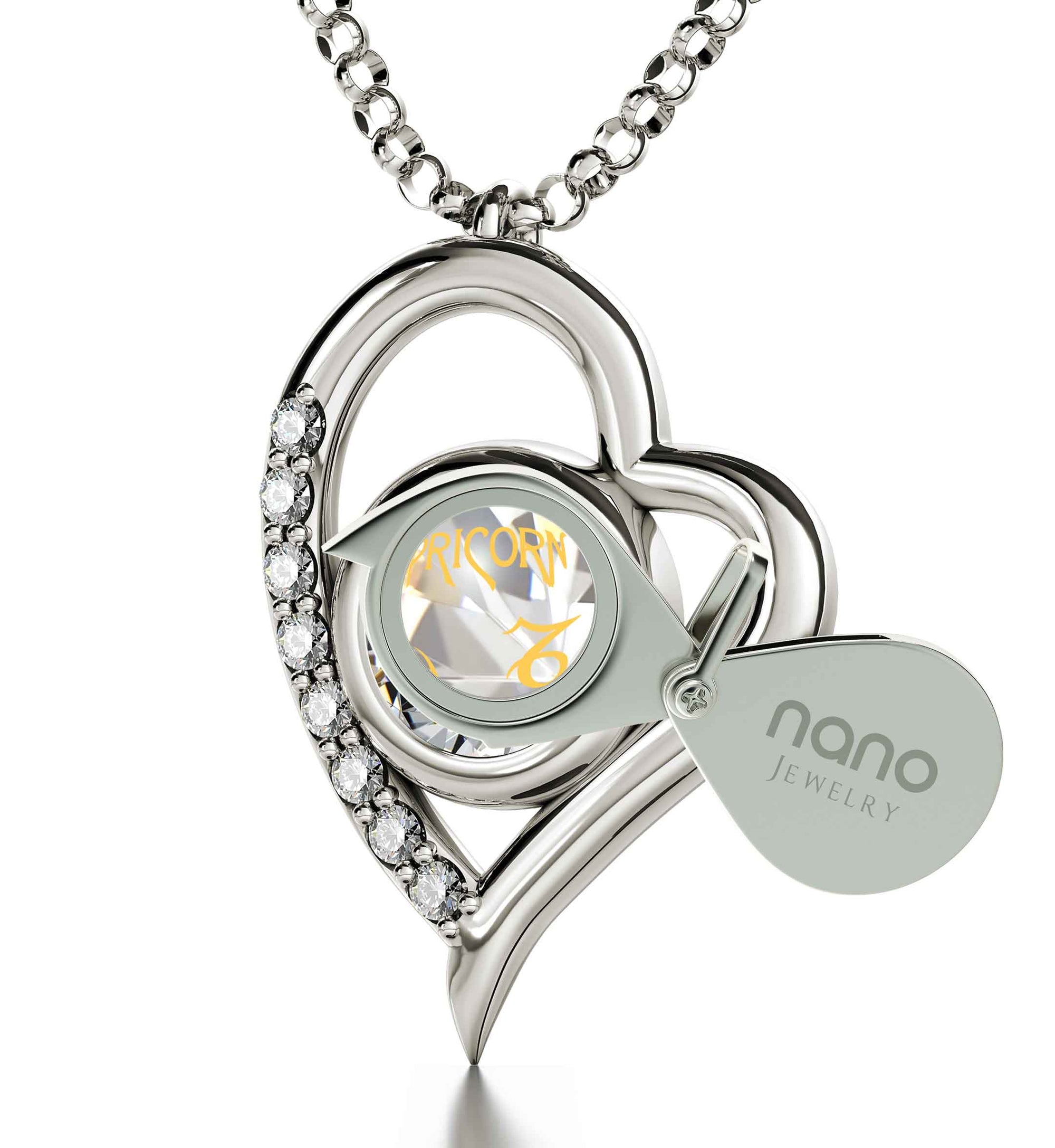 925 Sterling Silver Capricorn Necklace Zodiac Heart Pendant 24k Gold inscribed on Crystal - NanoStyle Jewelry