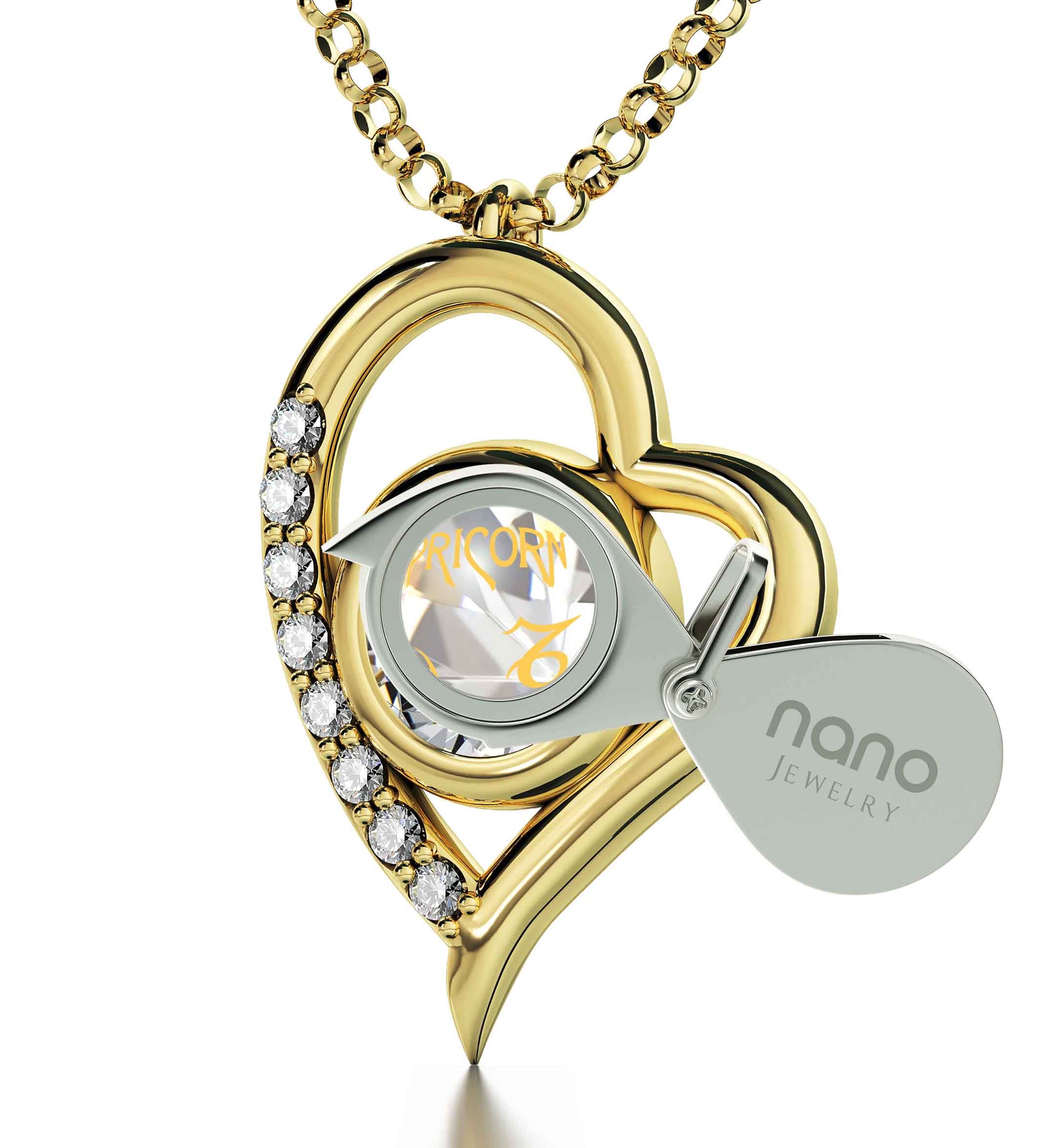 Gold Plated Capricorn Necklace Zodiac Heart Pendant 24k Gold inscribed on Crystal - NanoStyle Jewelry