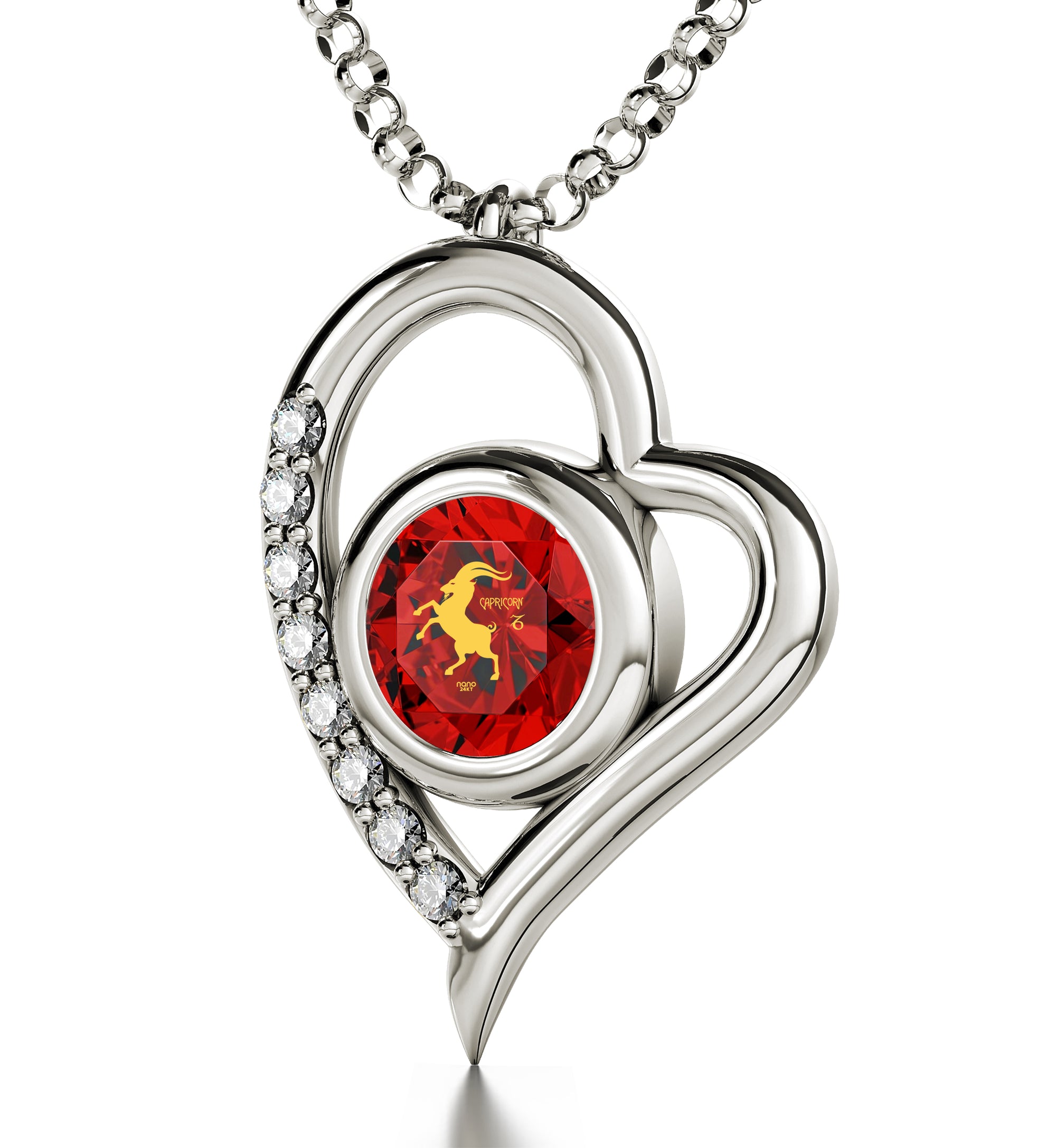 925 Sterling Silver Capricorn Necklace Zodiac Heart Pendant 24k Gold inscribed on Crystal - NanoStyle Jewelry