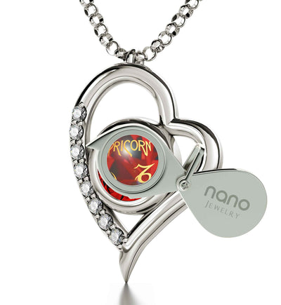 925 Sterling Silver Capricorn Necklace Zodiac Heart Pendant 24k Gold inscribed on Crystal - NanoStyle Jewelry