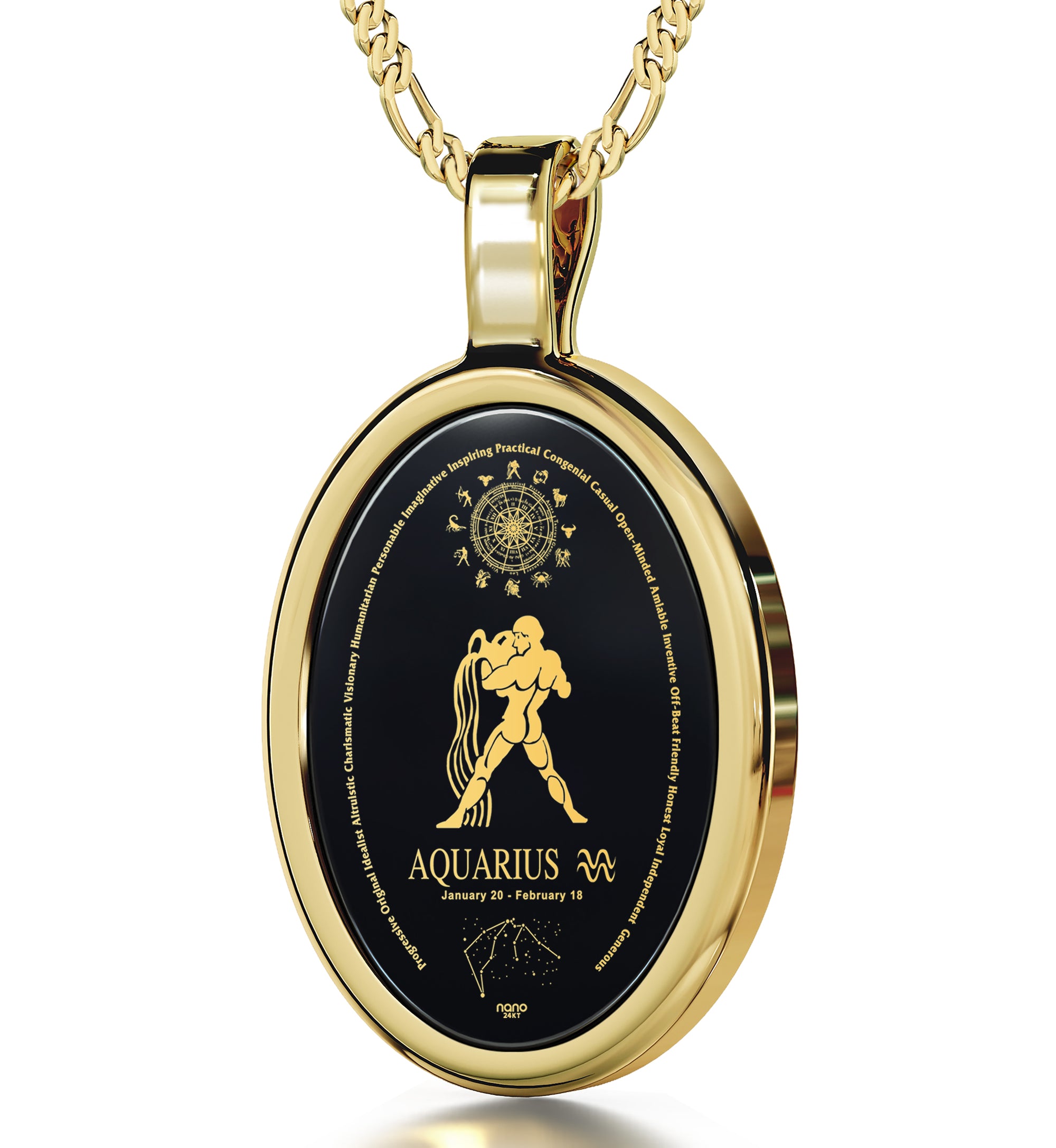 Aquarius Necklace Zodiac Pendant 24k Gold Inscribed on Onyx Stone - NanoStyle Jewelry