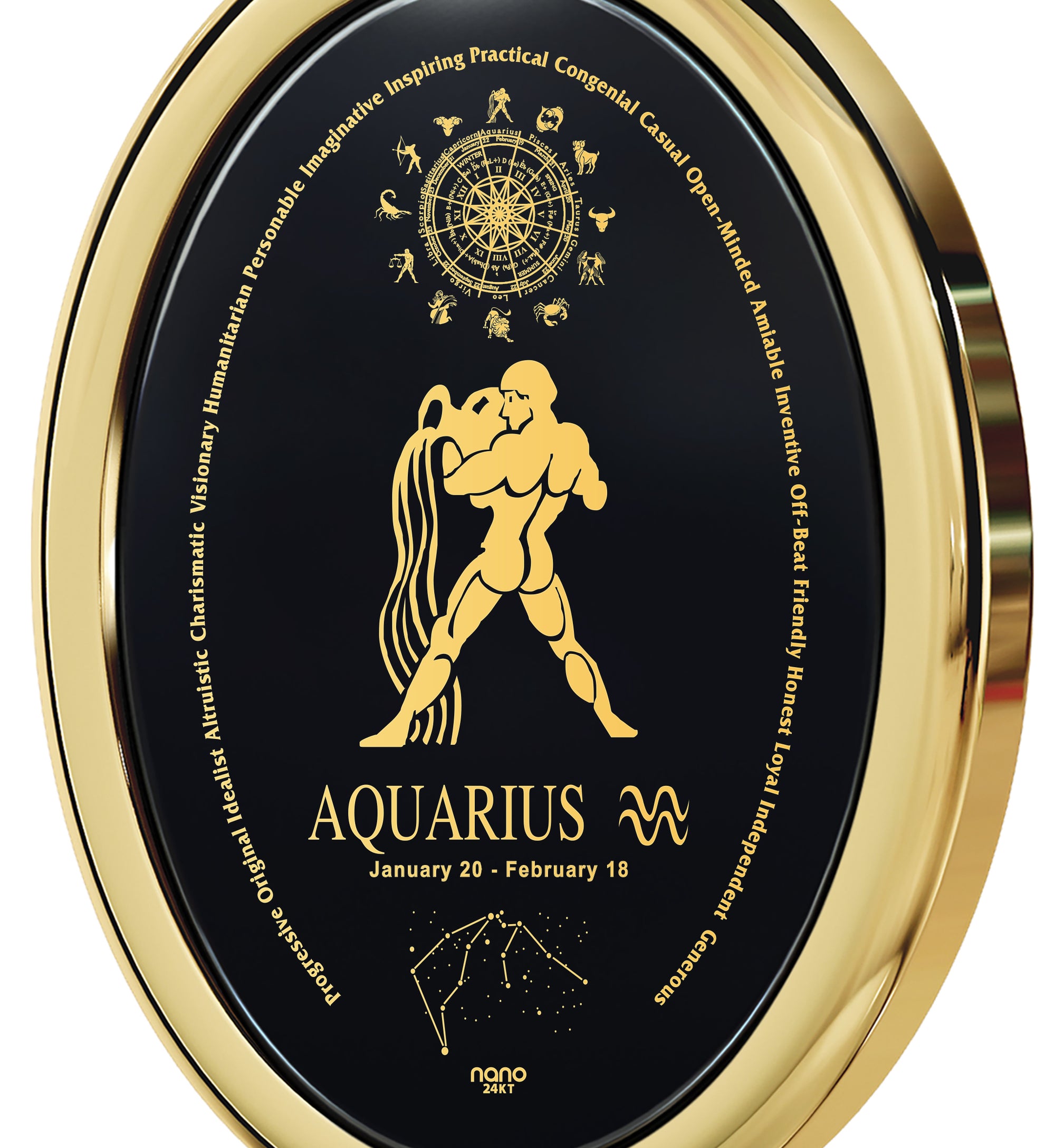 Aquarius Necklace Zodiac Pendant 24k Gold Inscribed on Onyx Stone - NanoStyle Jewelry