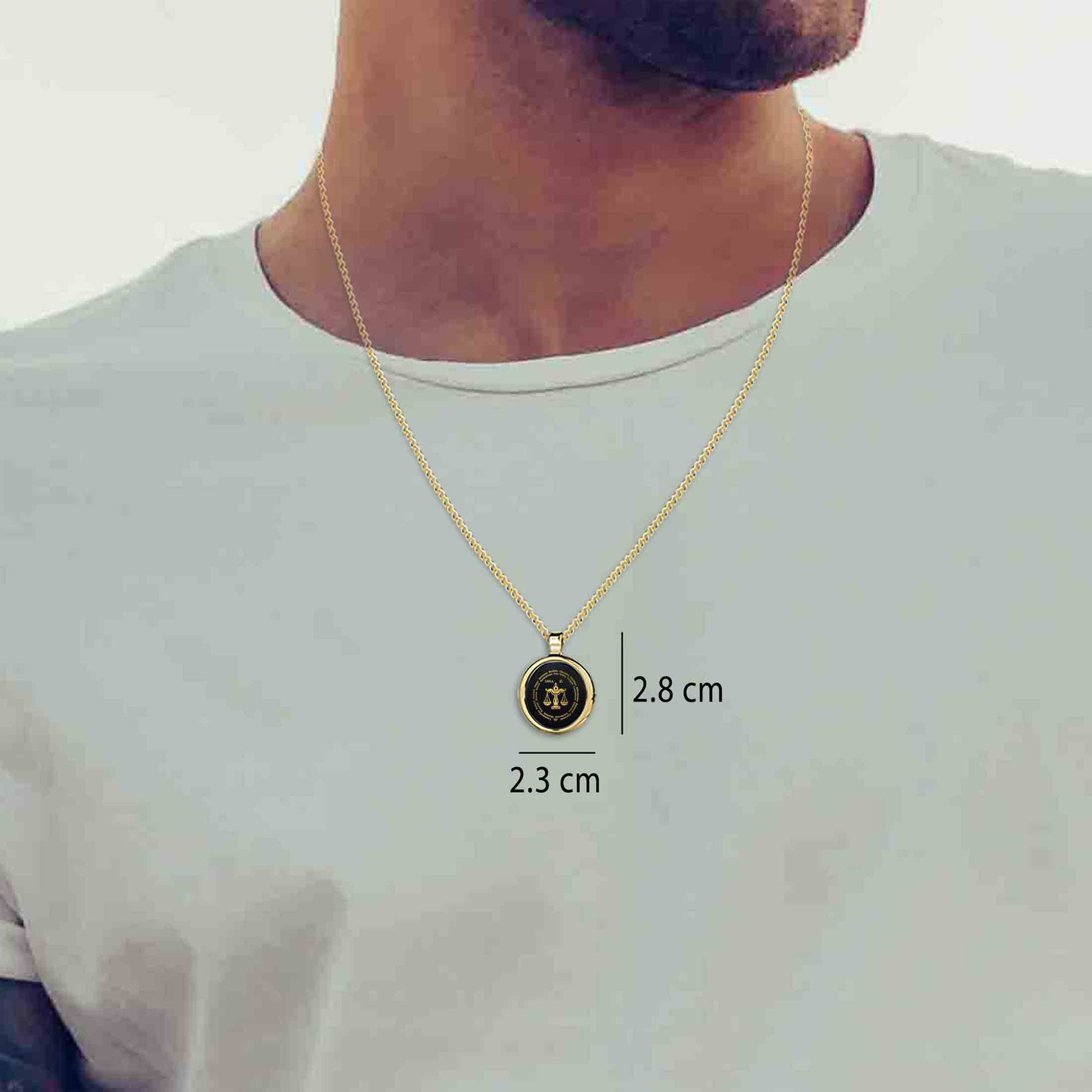 Male Model Wearing Libra Necklaces for Lovers of the Zodiac | Inscribed in 24k Gold Zodiac Birthday Jewelry Gift