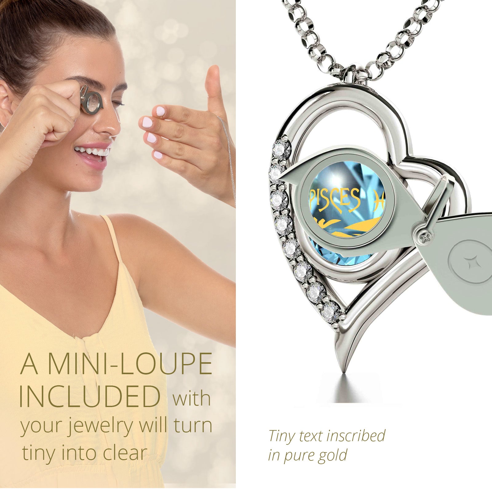 Girl looking thru magnifying glass 24k gold inscribed nanostyle necklace