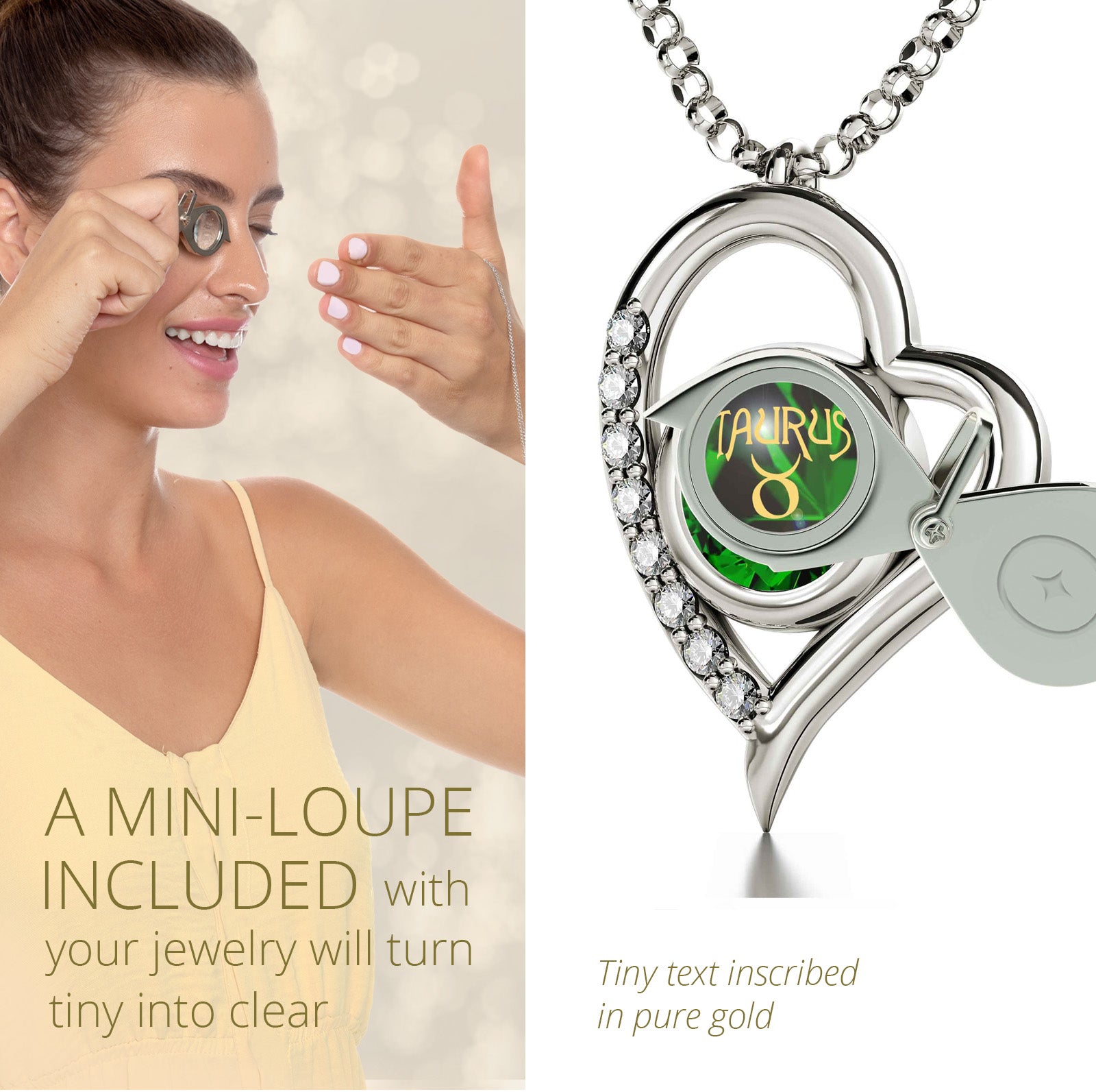 Girl looking thru magnifying glass 24k gold inscribed nanostyle necklace