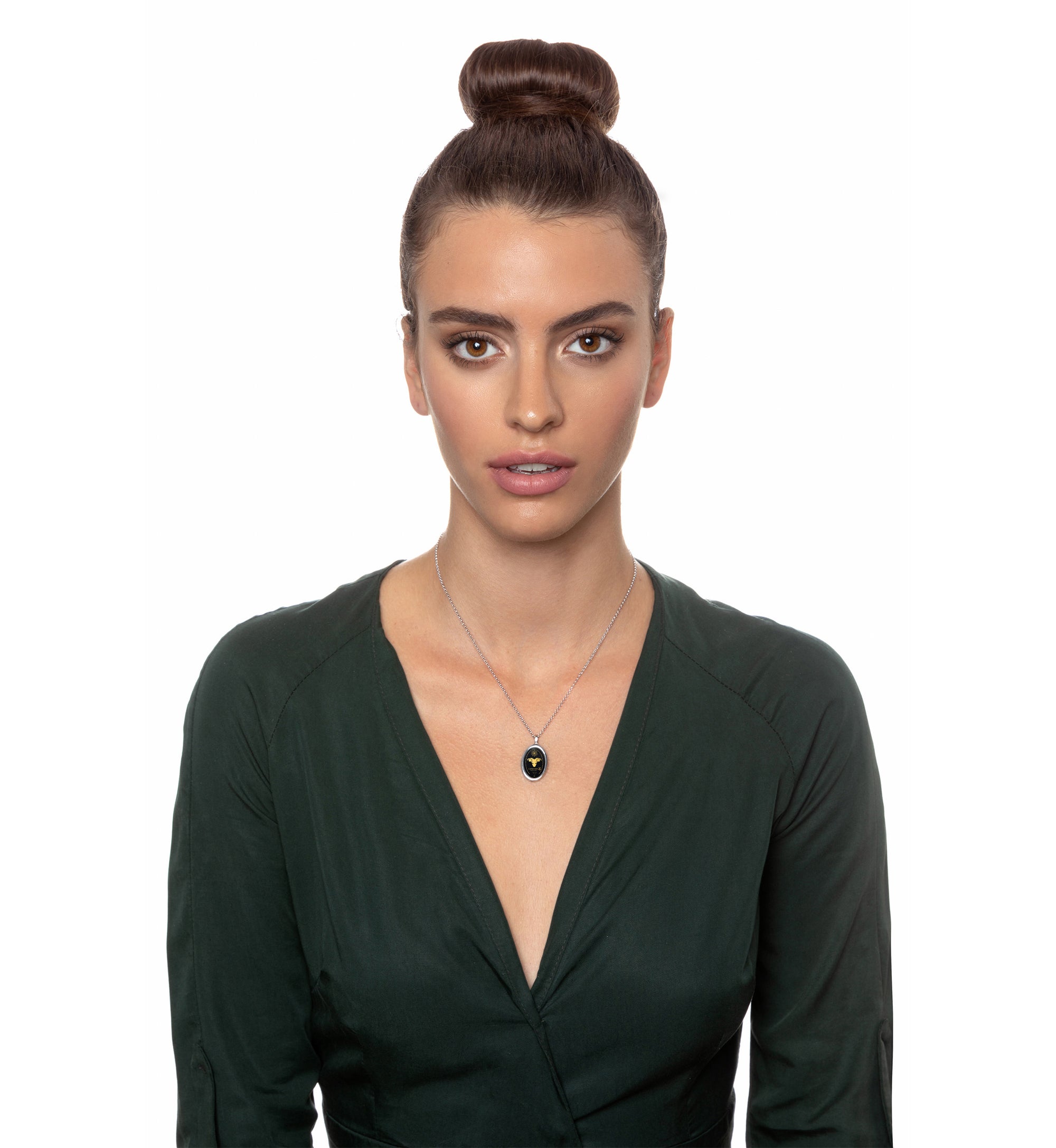 Woman Wearing Silver Capricorn Necklace - NanoStyle Jewelry