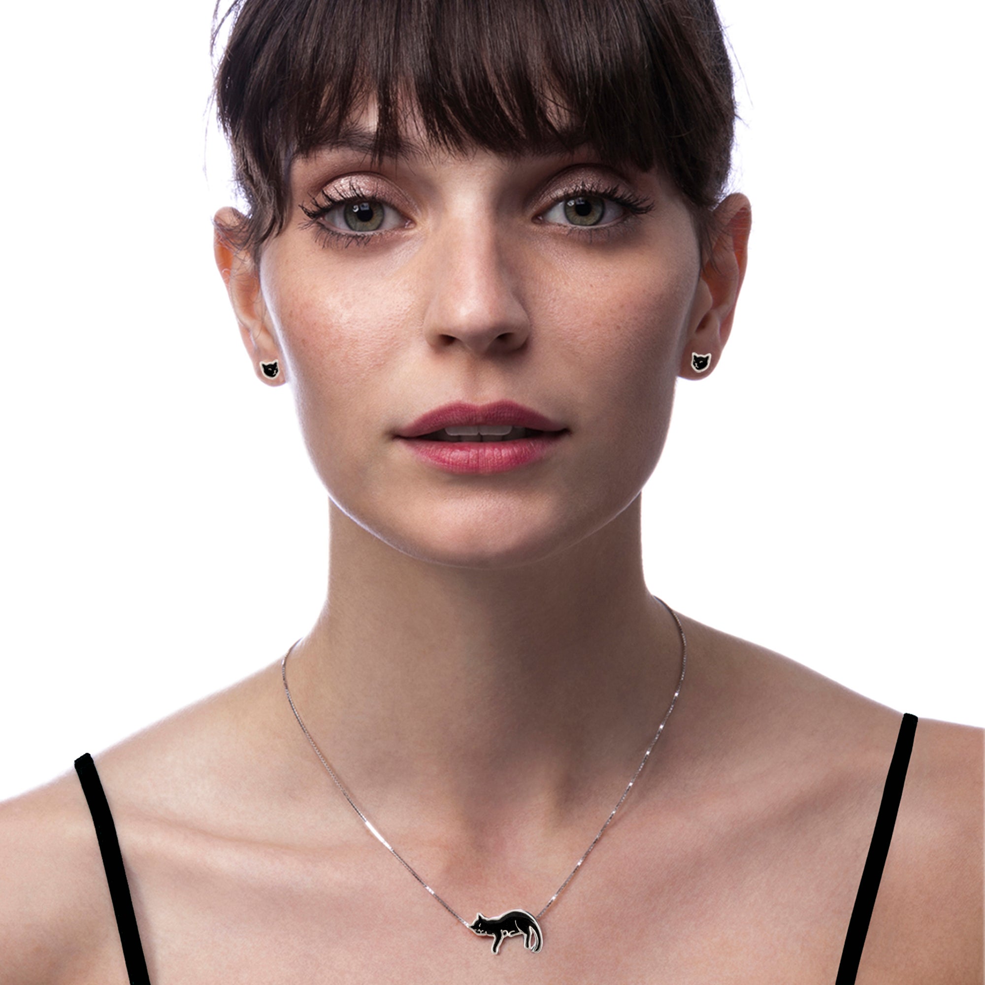 Black Cat Necklace and Earrings Jewelry Set Gift for Her