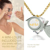 Girl looking thru magnifying glass 24k gold inscribed nanostyle necklace