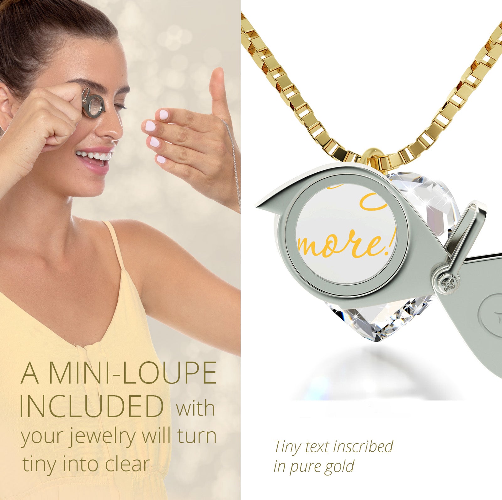 Girl looking thru magnifying glass 24k gold inscribed nanostyle necklace