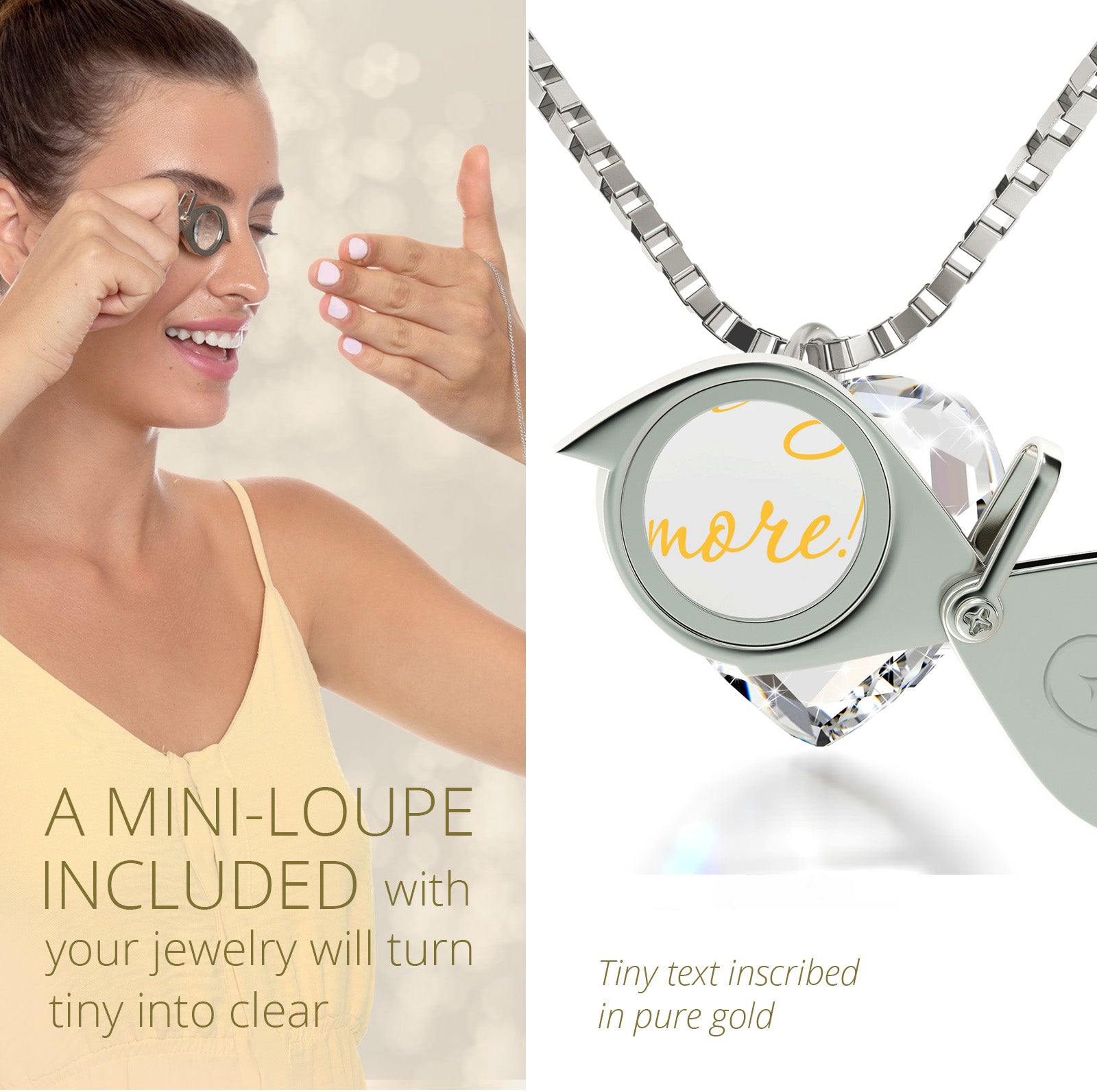 Girl looking thru magnifying glass 24k gold inscribed nanostyle necklace