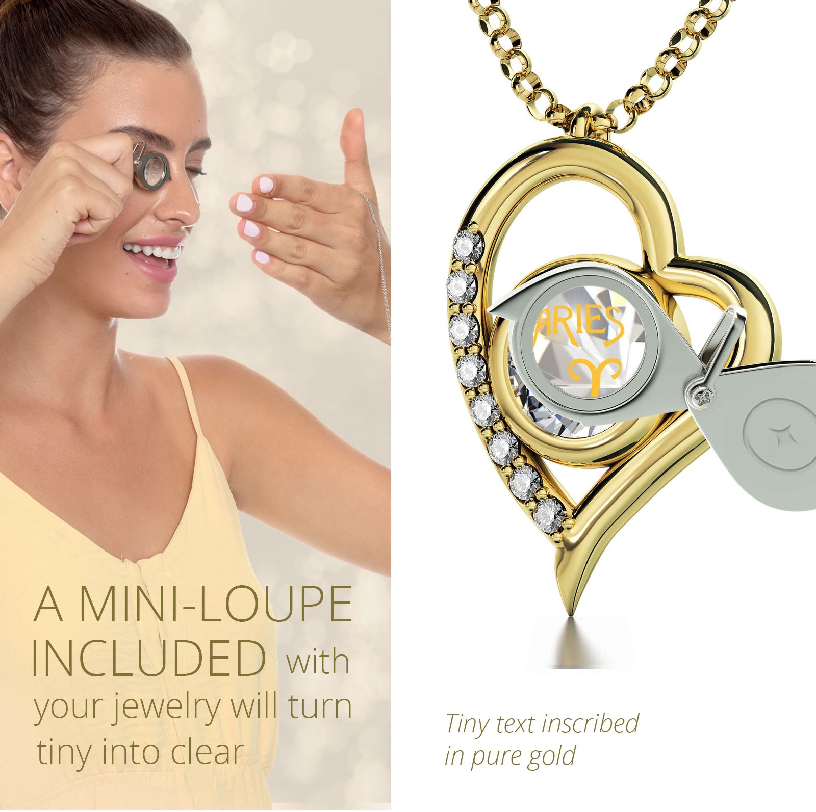 Girl looking thru magnifying glass 24k gold inscribed nanostyle necklace