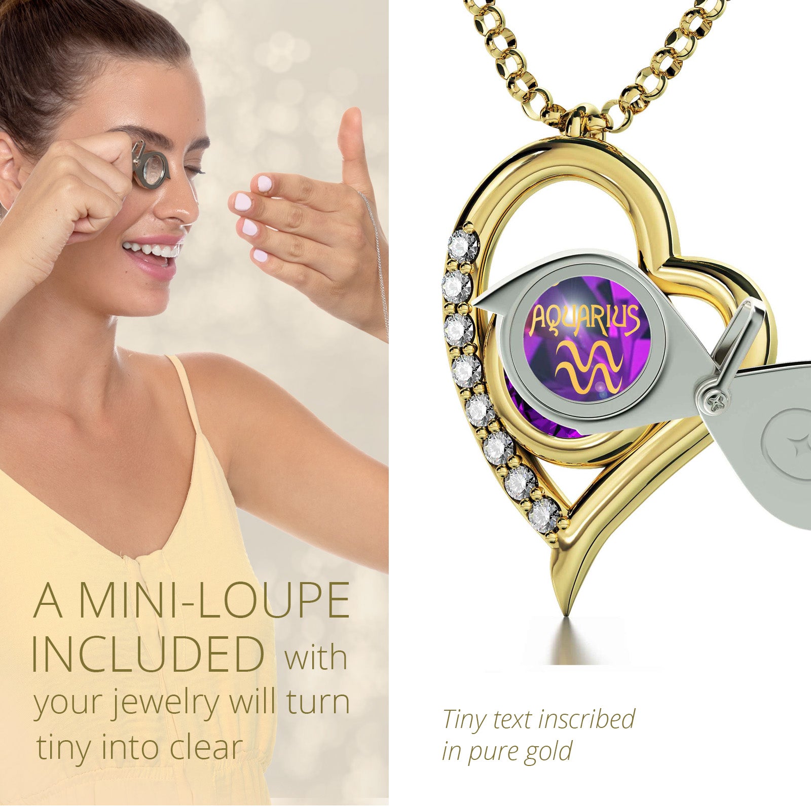 Girl looking thru magnifying glass, 24k gold inscribed Aquarius Necklace Birthday Gift for Her