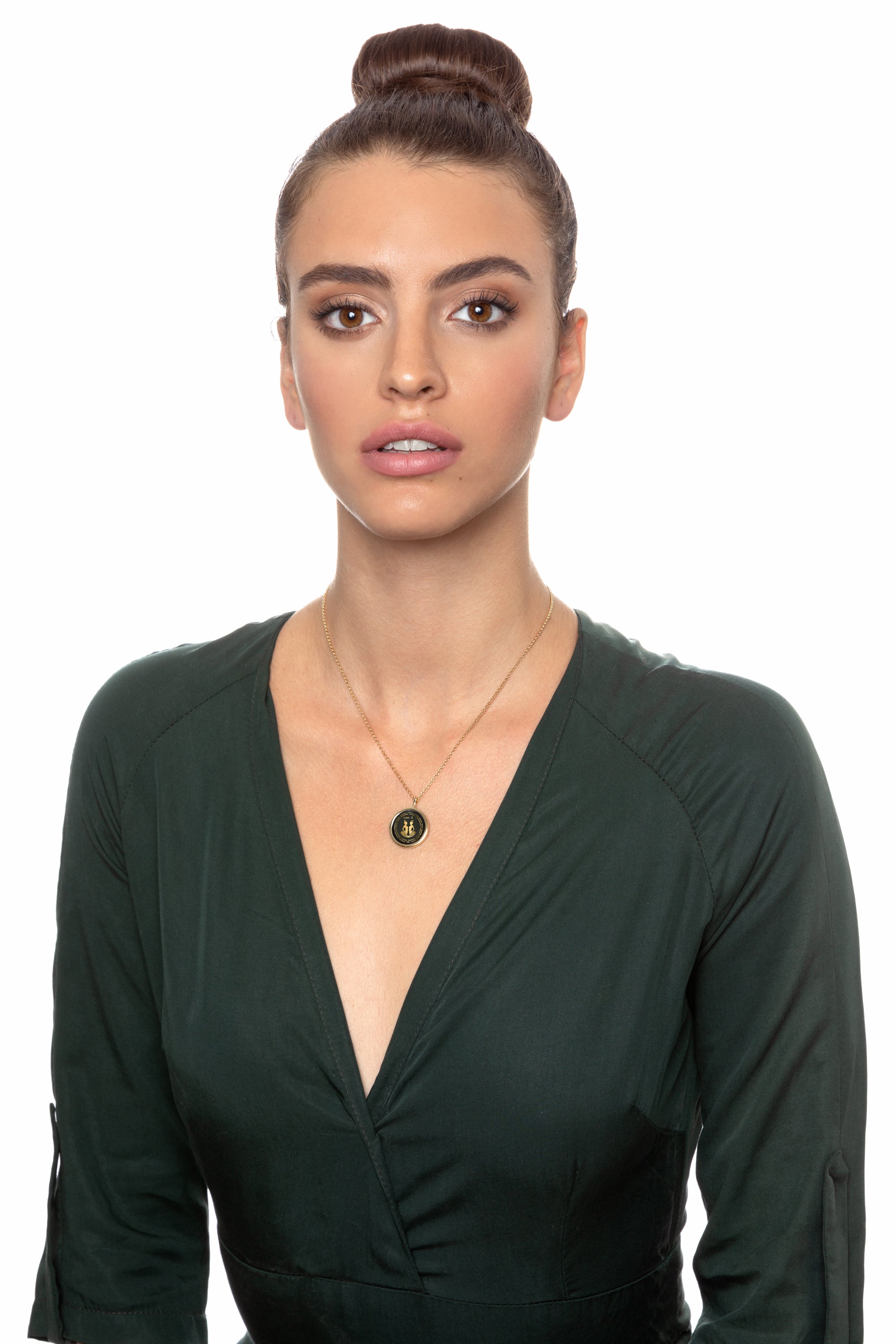 Model Wearing Gemini Necklaces for Lovers of the Zodiac | Inscribed in 24k Gold Birthday Jewelry Gift