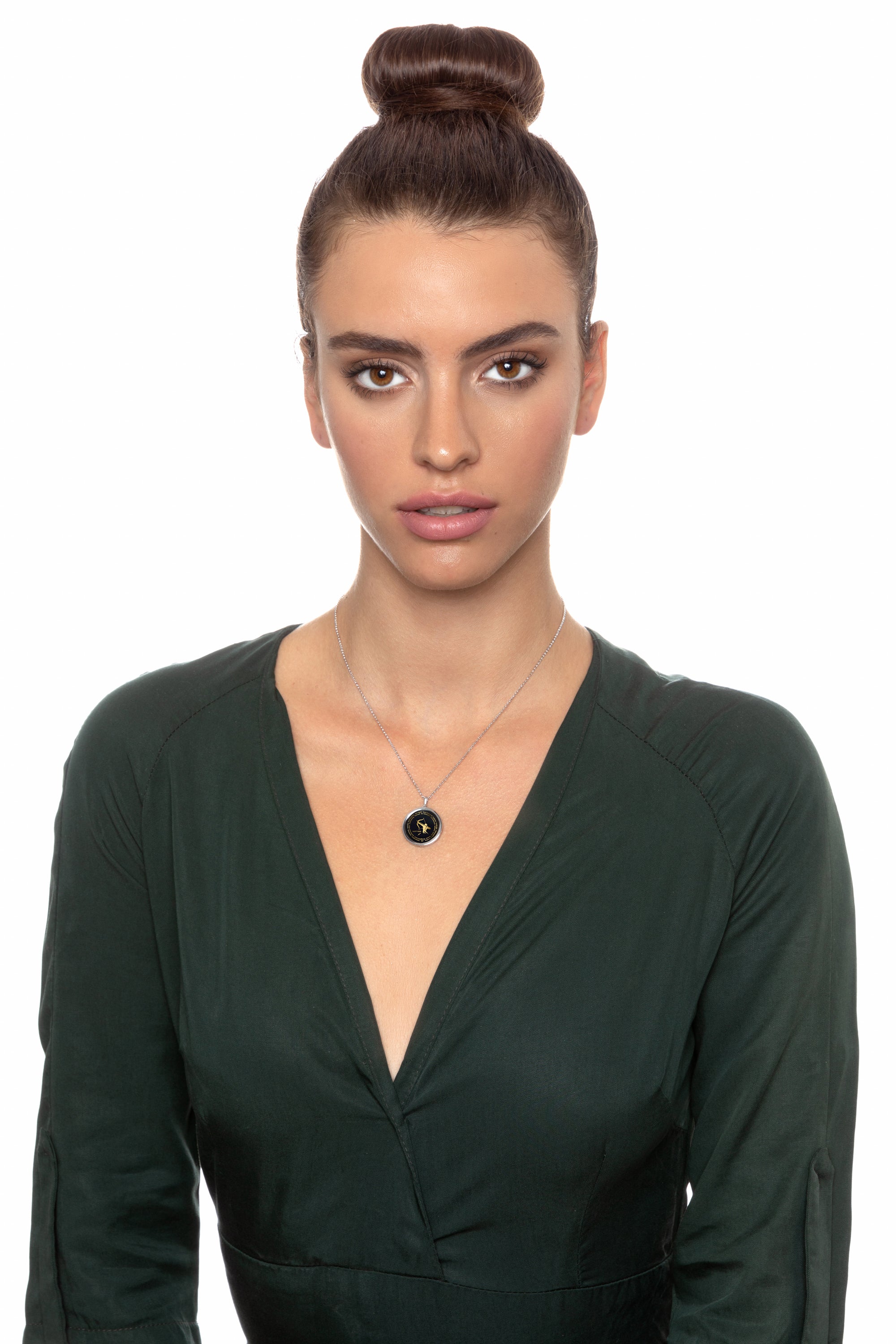 Model Wearing Sagittarius Necklaces for Lovers of the Zodiac | Inscribed in 24k Gold Birthday Jewelry Gift