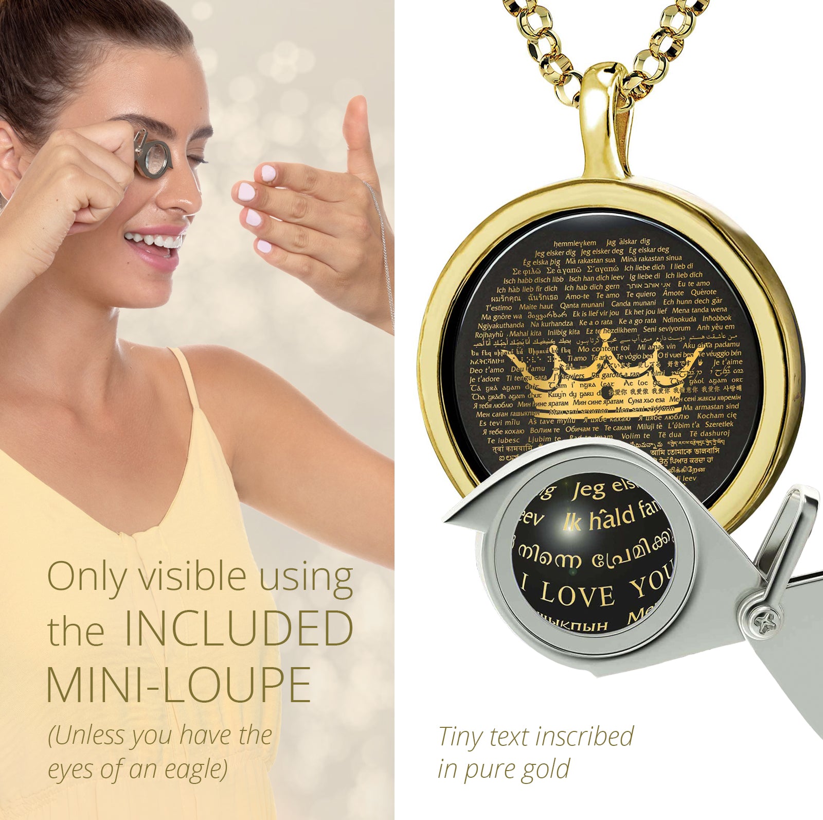 Girl looking thru magnifying glass 24k gold inscribed nanostyle necklace
