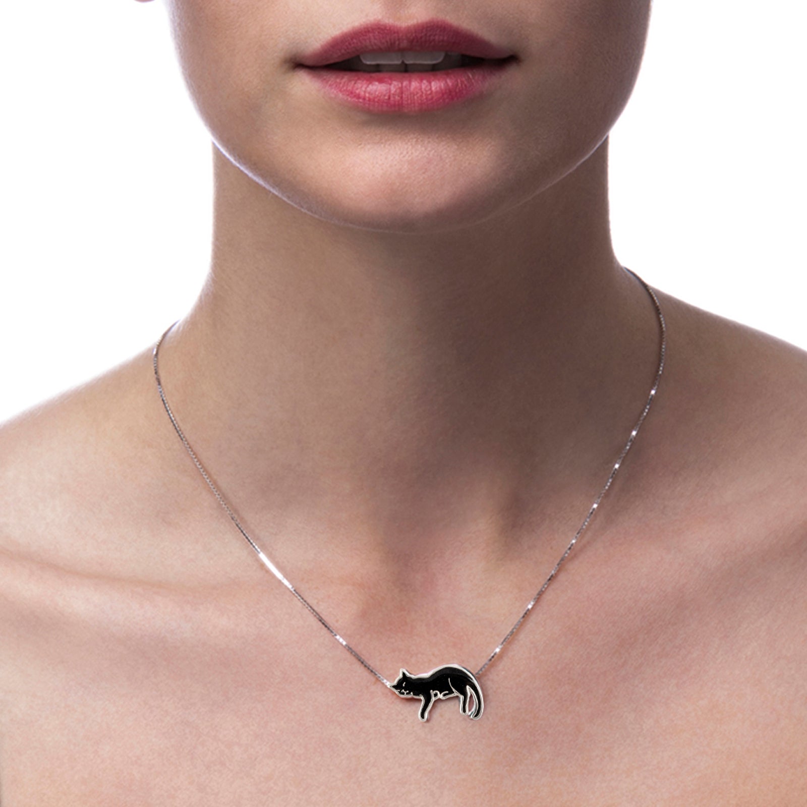 Silver Black Cat Necklace - Sleeping cat pendant Gift for Cat lover