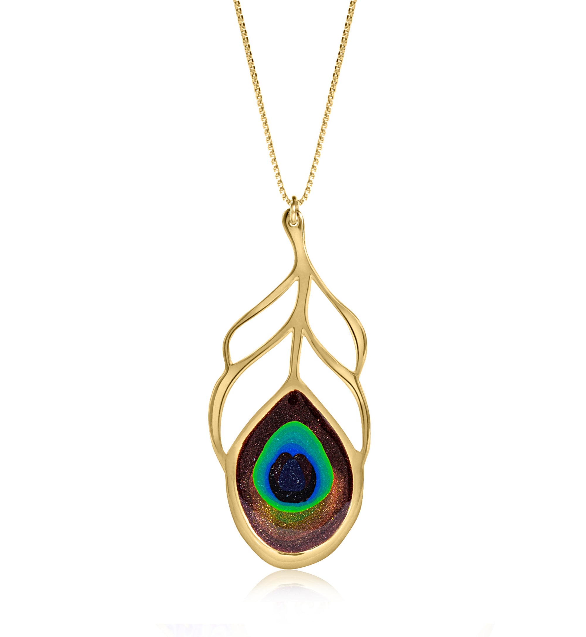 Gold Plated 925 Sterling Silver Peacock Feather Necklace Handcrafted Pendant - NanoStyle Jewelry