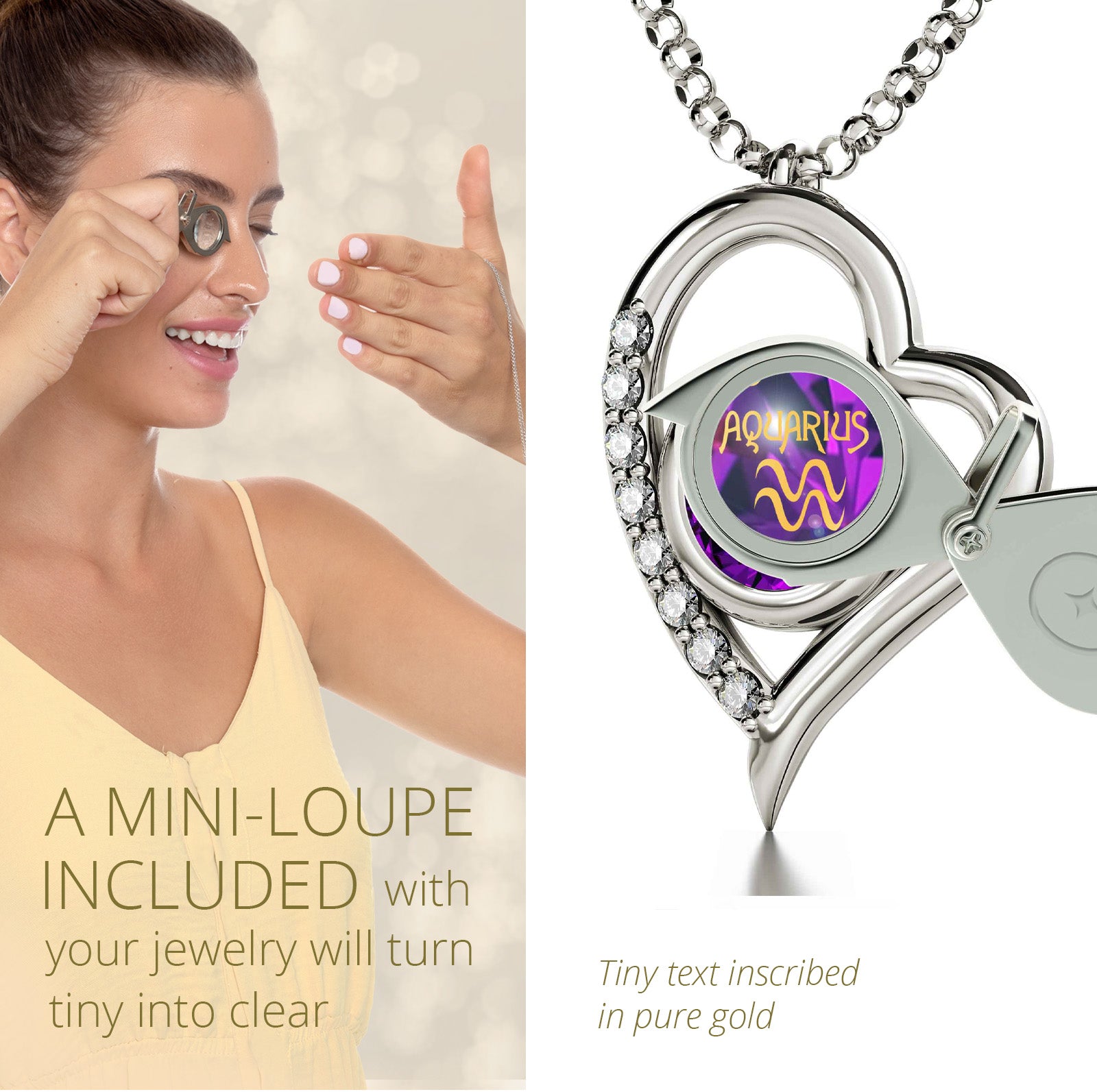 925 Sterling Silver Aquarius Necklace Zodiac Heart Pendant 24k Gold inscribed on Crystal