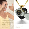 Girl looking thru magnifying glass 24k gold inscribed nanostyle necklace
