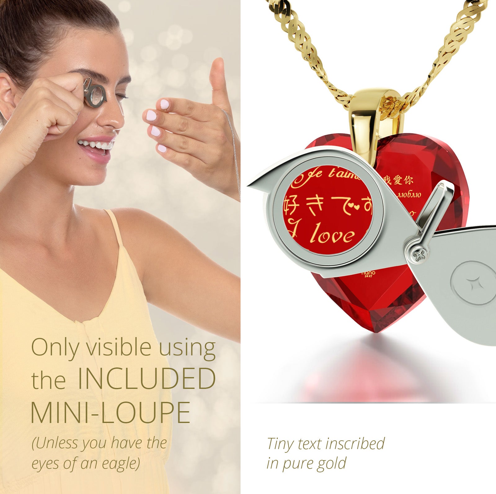 Girl looking thru magnifying glass 24k gold inscribed nanostyle necklace